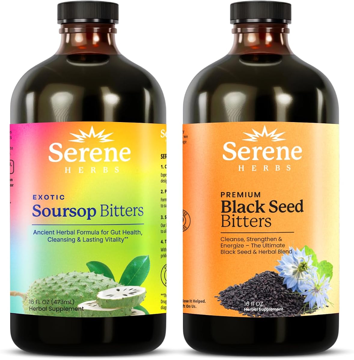 Serene Herbs Soursop Bitters Liquid & Black Seed Bundle – Organic Herbal Guanabana for Digestive Support – Vegan, Non-GMO – 32 oz (16 oz Each), (2 Pack)