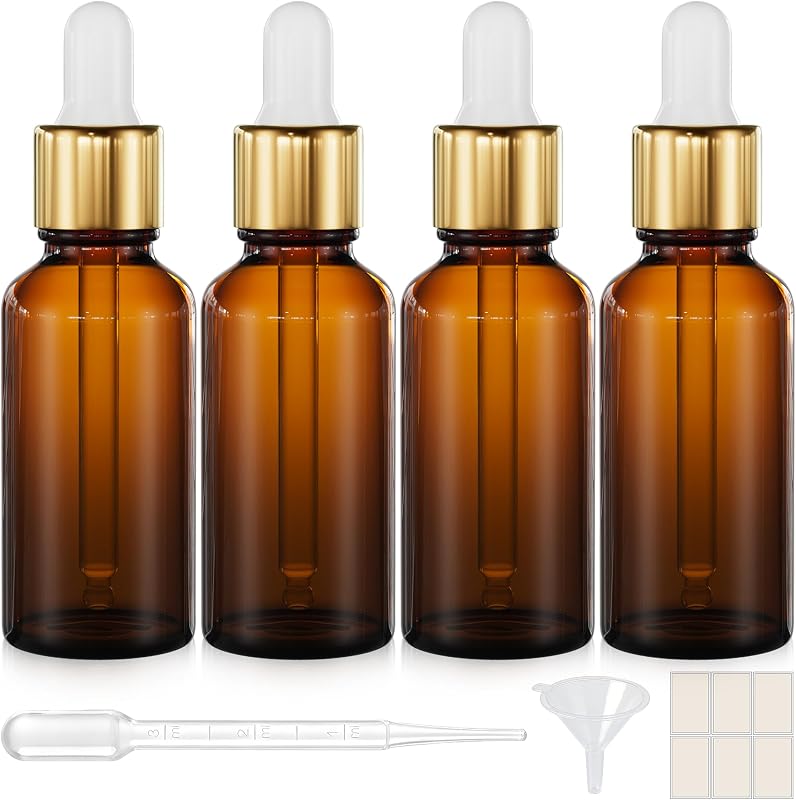 Frascos conta-gotas PrettyCare de vidro âmbar, 30 mL, Pacote com 4, com funil e etiquetas