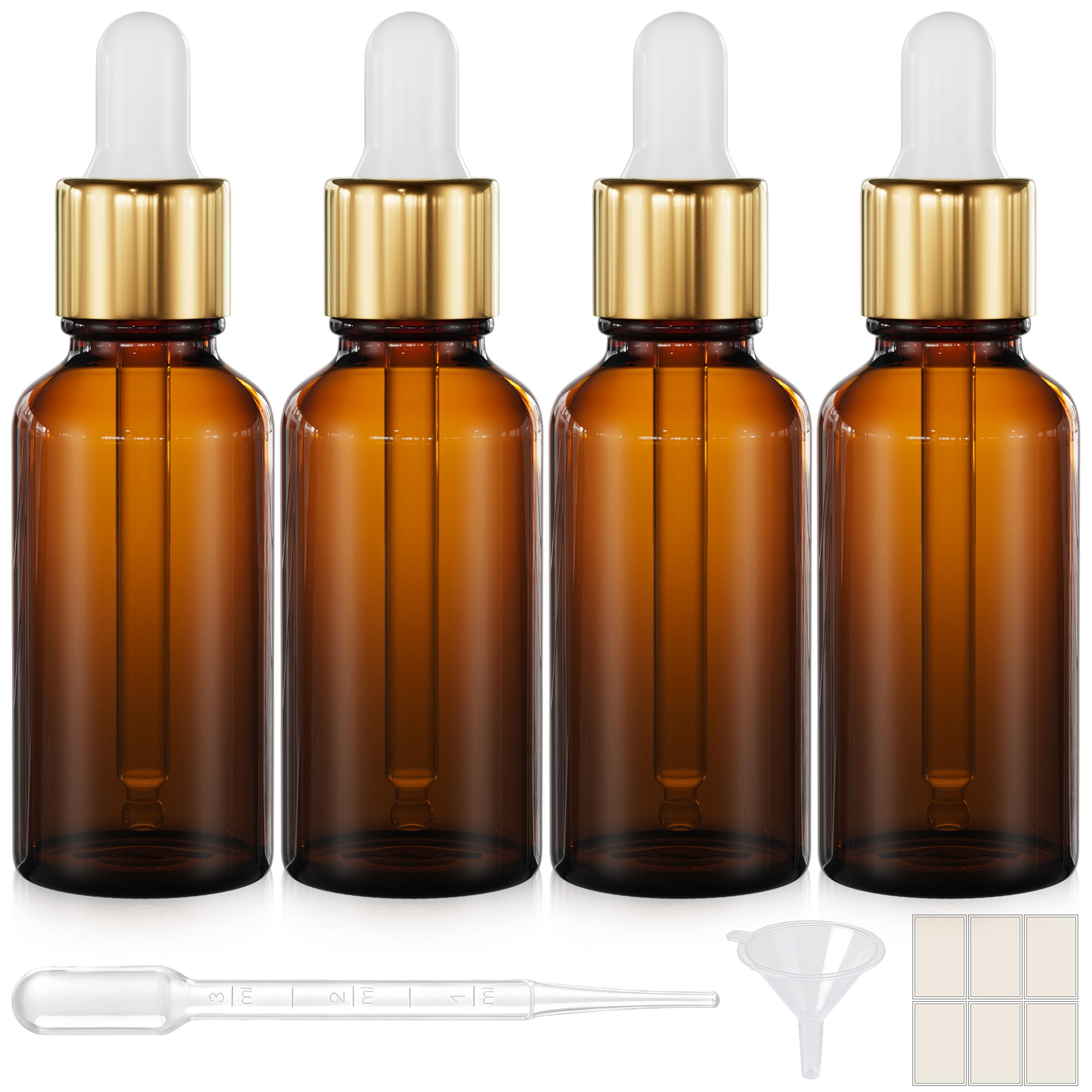 PrettyCare 4 Pack 1oz Dropper Bottle for Essential Oils, 30 ml Amber Glass Essential Oils Bottles with Labels, Funnels- Empty Leak Proof Tincture Bottles for Comestic &amp; Beauty