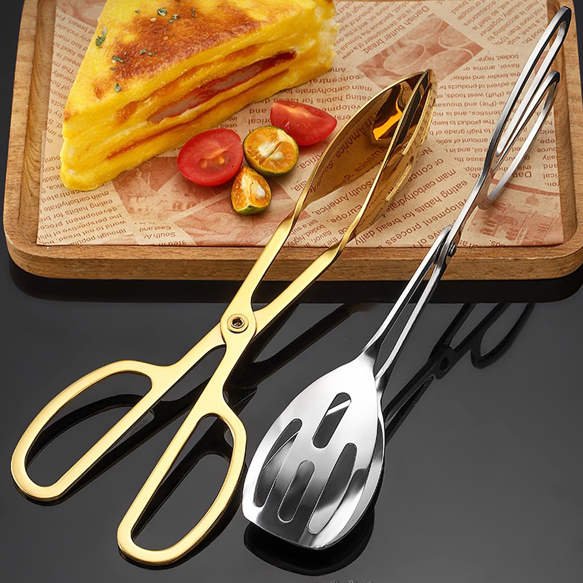 Lot de 2 pinces à salade en acier inoxydable de 25,4 cm pour cuisine, service et restauration, ustensiles pour steak, barbecue, buffet (doré)