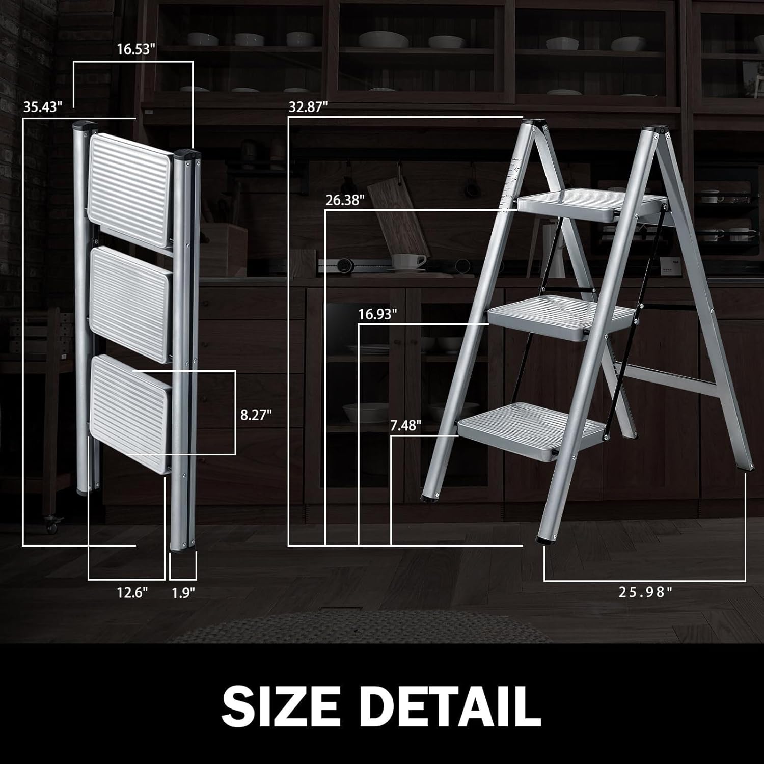 Attic Ladders 3 Step Ladder, Folding Step Stool with Anti-Slip Wide Pedal, Portable Sturdy Steel Ladder, for Kitchen & Household