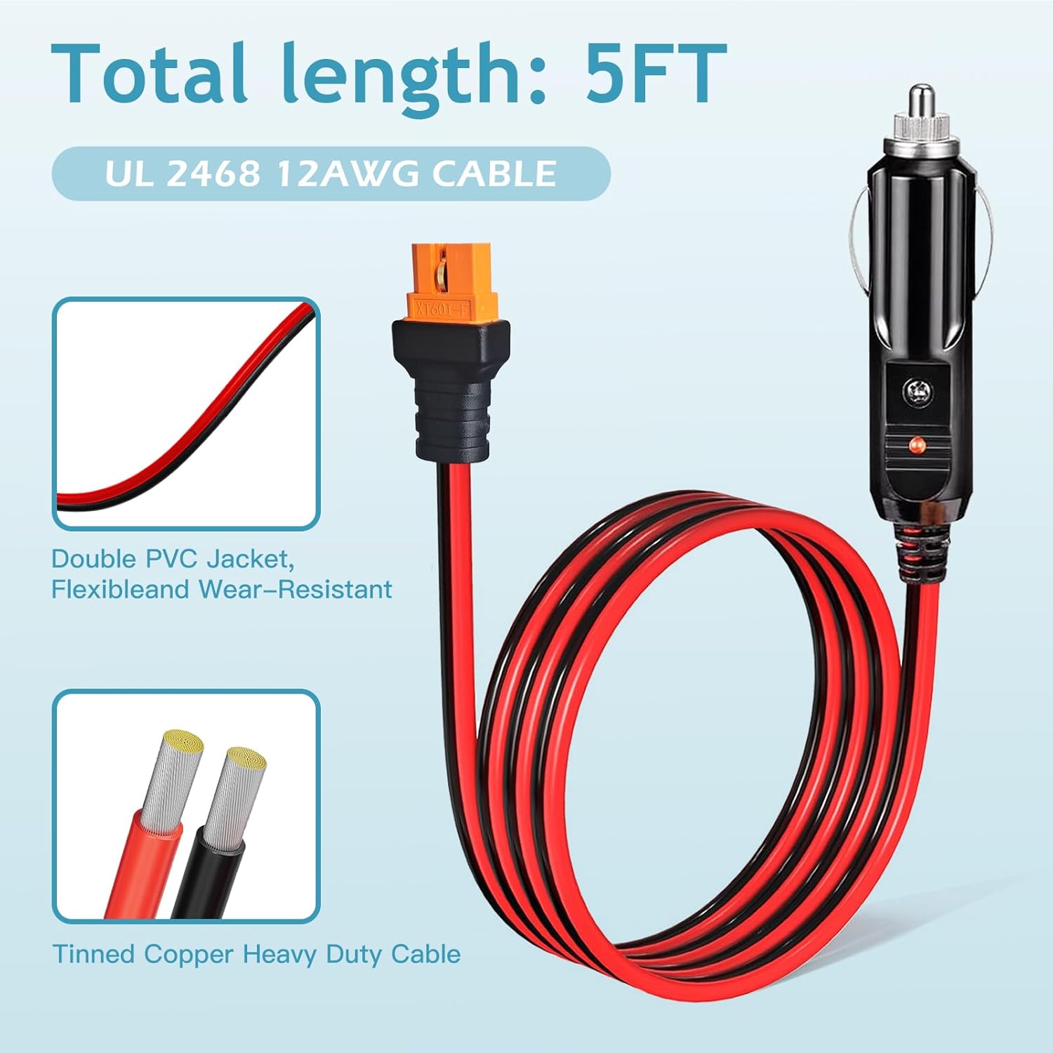 XT60i Car Charge Cable 12AWG 20Amp,12V 24V Cigarette Lighter Plug to XT60i Cord for Power Stations,Solar Generators (5FT)
