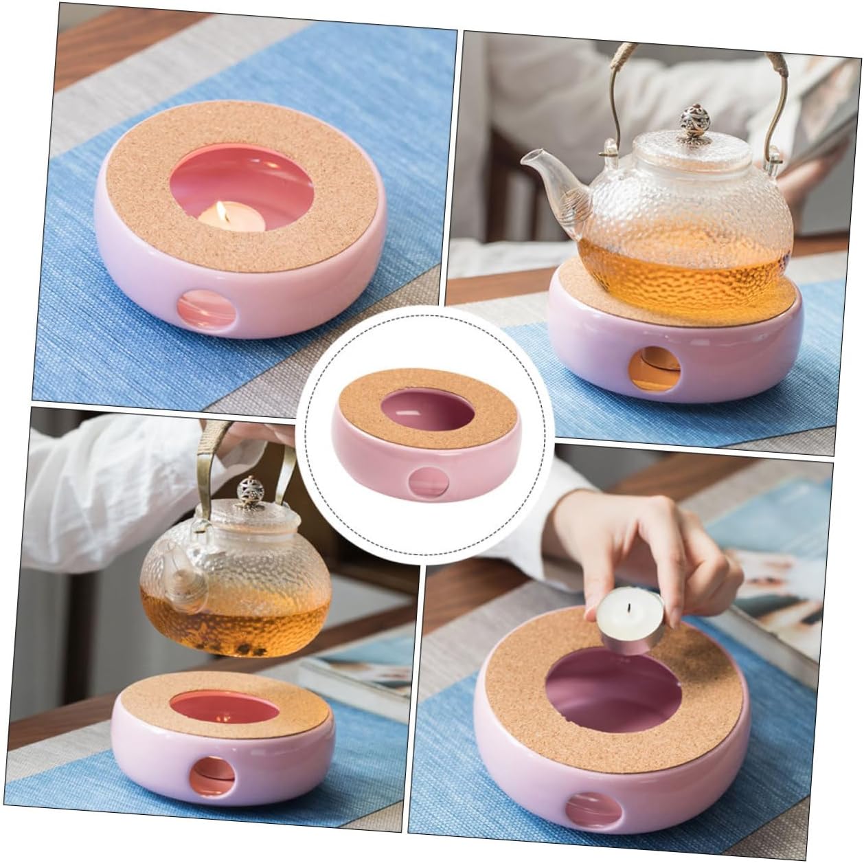 Ceramic Teapot Warmer Heater with Ventilation Portable Lightweight Tea Stove Base for Household Use and Desktop Decoration in Pink Purple