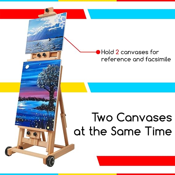 MEEDEN Versatile Studio H-Frame Easel - All Media Adjustable Beech Wood Studio Easel, Painting Floor Easel Stand, Movable and Tilting Flat Available, Holds Canvas Art up to 77