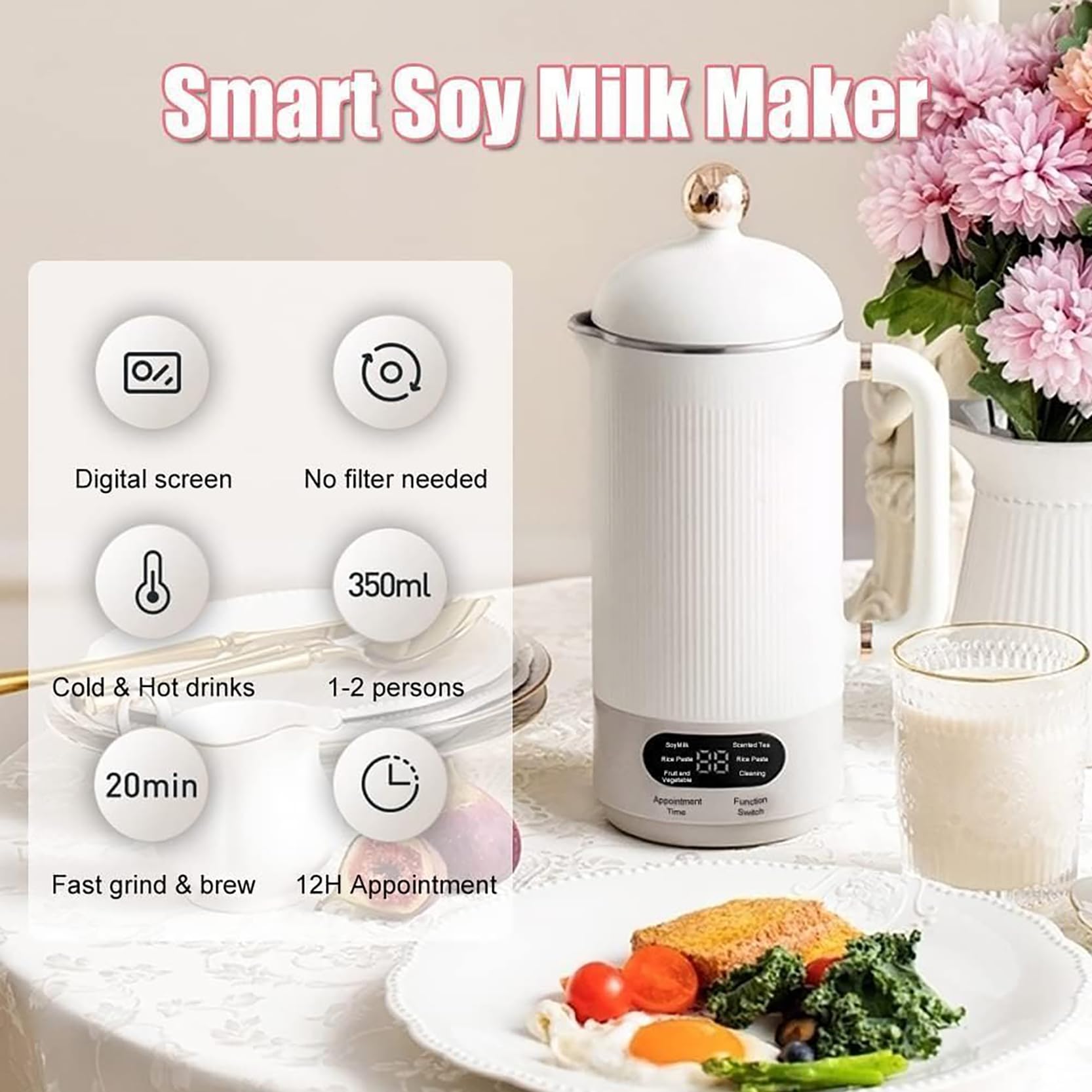 Maszyna Do Robienia Mleka Orzechowego 350 Ml, Maszyna 3 W 1 Na Bazie Roślinnego Mleka Sojowego, Szybkie Roztwarzanie W 20 Minut, Rezerwacja Na 12 Godzin, Czajnik Elektryczny Do Użytku Domowego