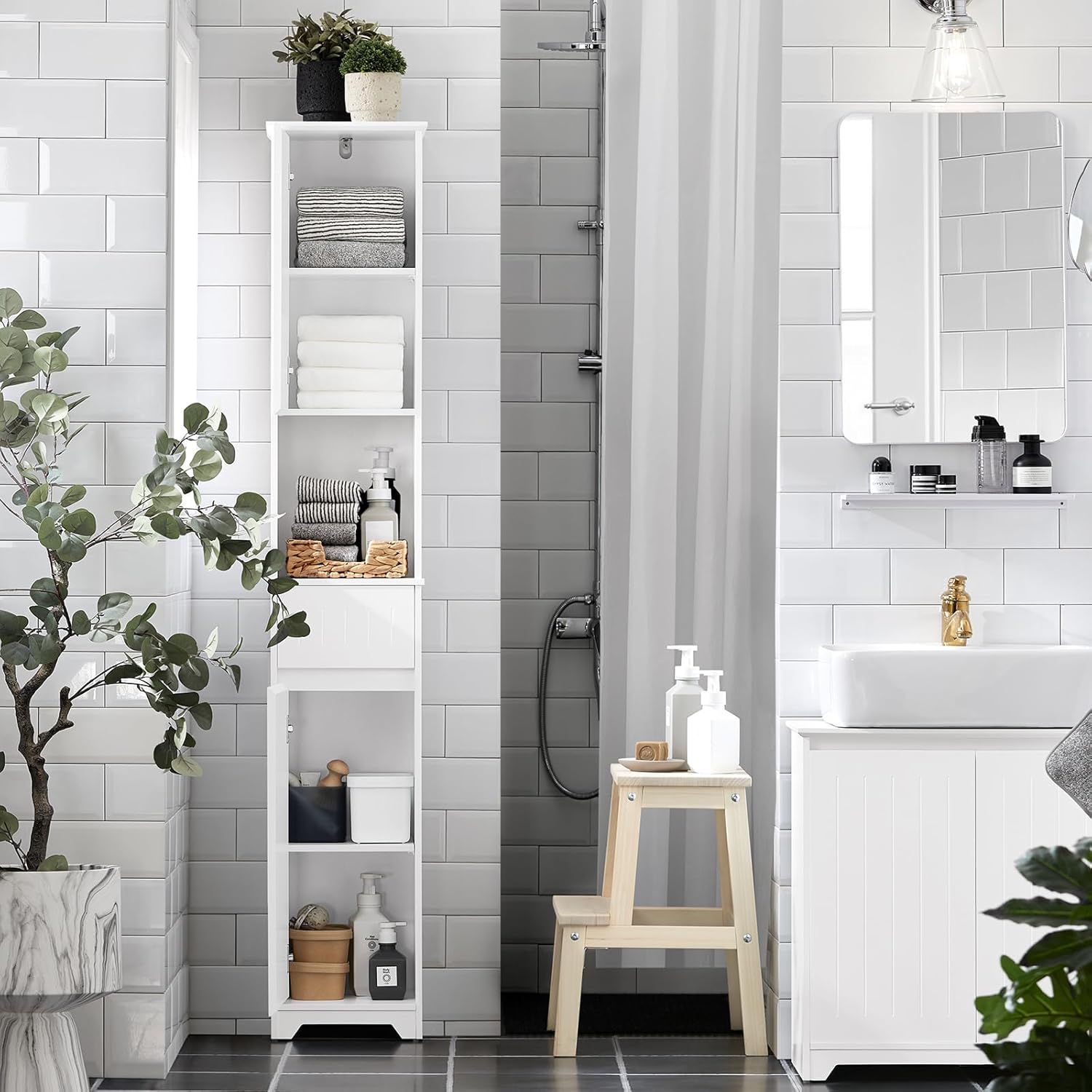 SoBuy Narrow Bathroom Storage Cabinet, Tall Slim Bathroom Organizers and Storage for Small Spaces, Freestanding Skinny Cabinet with Doors and Shelves for Tight Corners, White BZR109-W