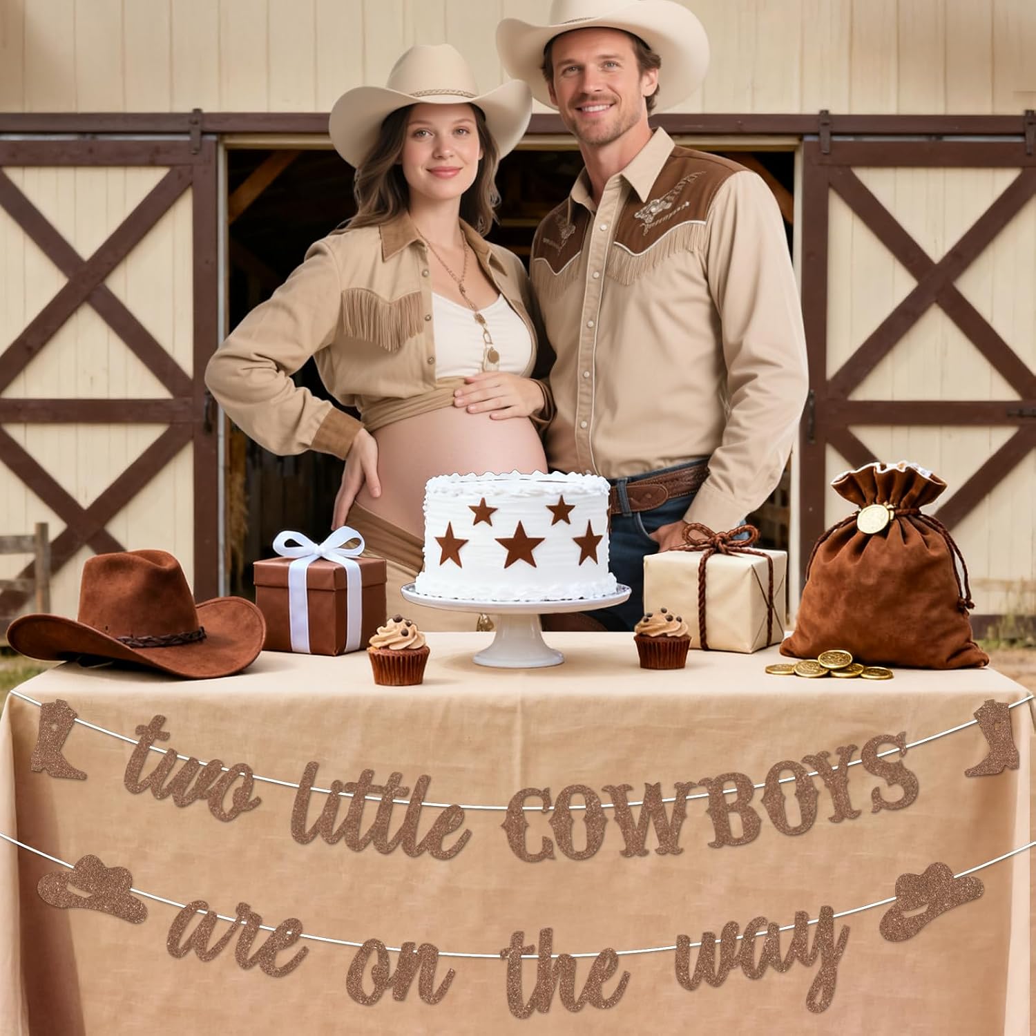 Glitter Two Little Cowboys Are On The Way Banner, Brown Two Little Cowboys Baby Shower Decorations for Twins, Brown Wild West Theme Party Photography Background Baby Boys Shower Supplies