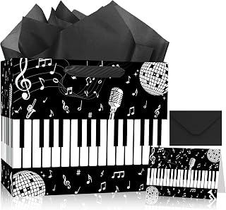 Music Gift Bag Black Piano Keys Gift Bag Music Notes Party Bags 12 Inch | Black White Piano Gift Bag with Musical Recital Gift Music Birthday Party Favor Bag for Musician Teacher Student