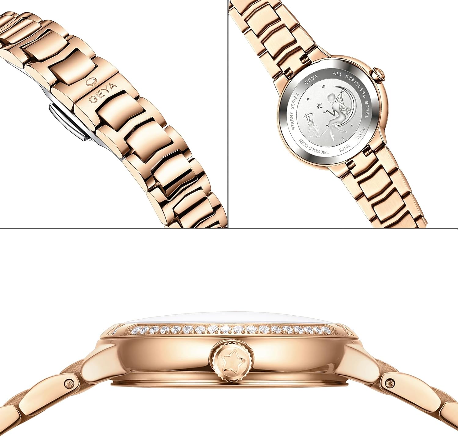 GeYa Rose Gold Watches for Women Genuine Diamond 18K Gold Elegant Ladies Watch Small Wrist Luxury Jewelry Gifts Set 316L Stainless Steel Bracelet Water Resistant Goddess