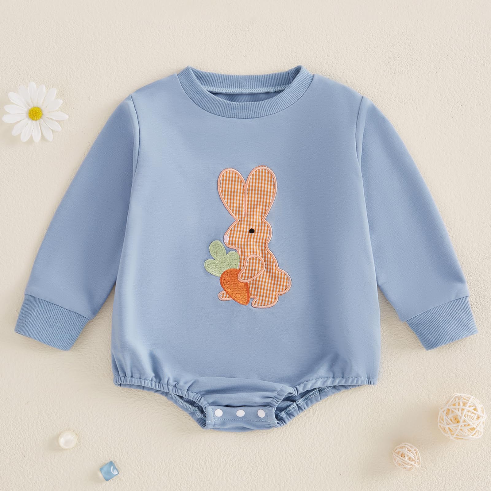 Infant Baby Boy Easter Outfit Long Sleeve Bunny Onesie Newborn Baby Boy Rabbit Print Romper Clothes (Blue, 0-3 Months)