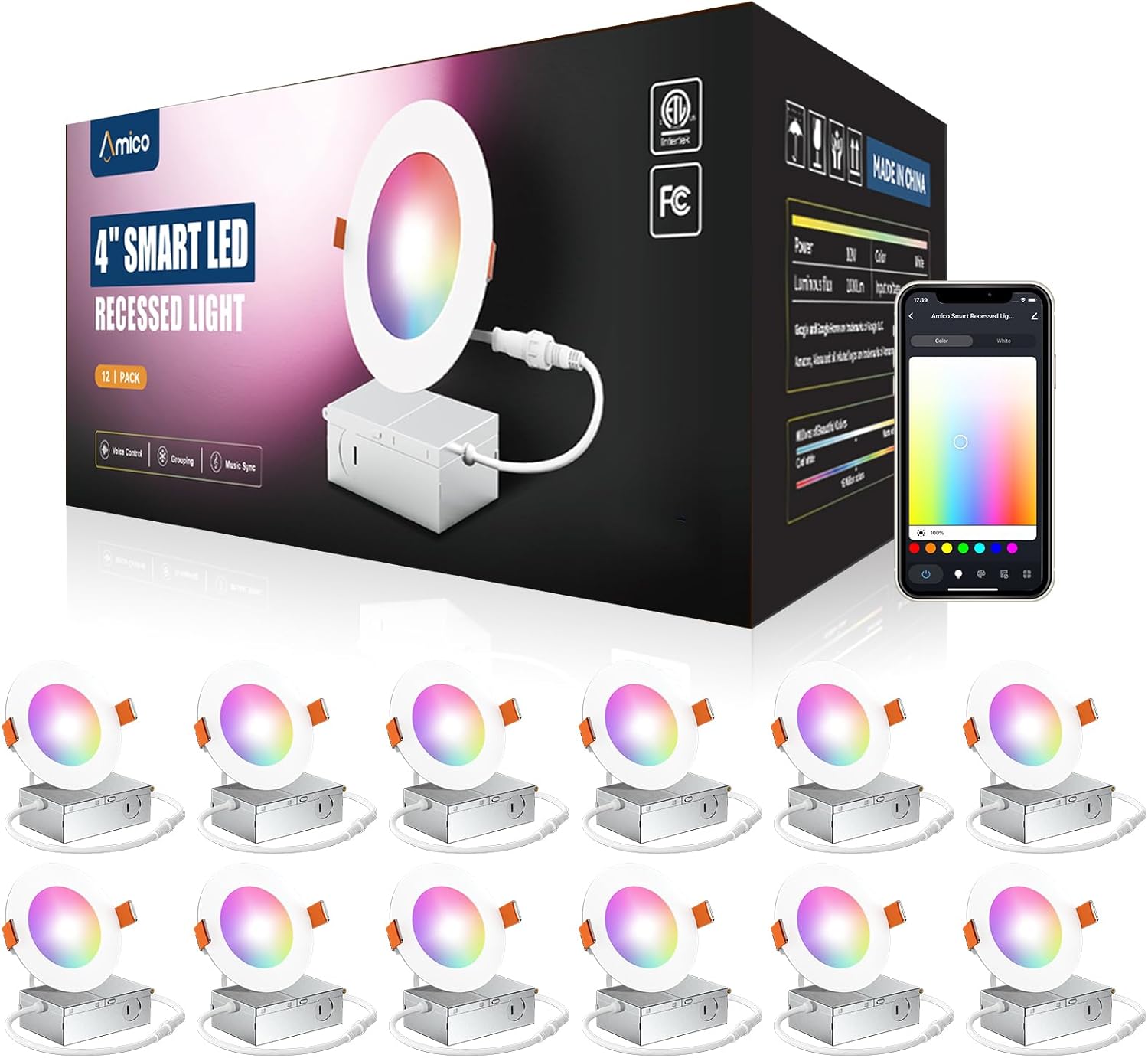 Amico 12 Pack 4 Inch Smart LED Recessed Lighting, WiFi Bluetooth Canless Downlight with Junction Box, RGB & 2700-6500K Color Changing, 10W=70W 800LM, Voice&Remote&Group Control