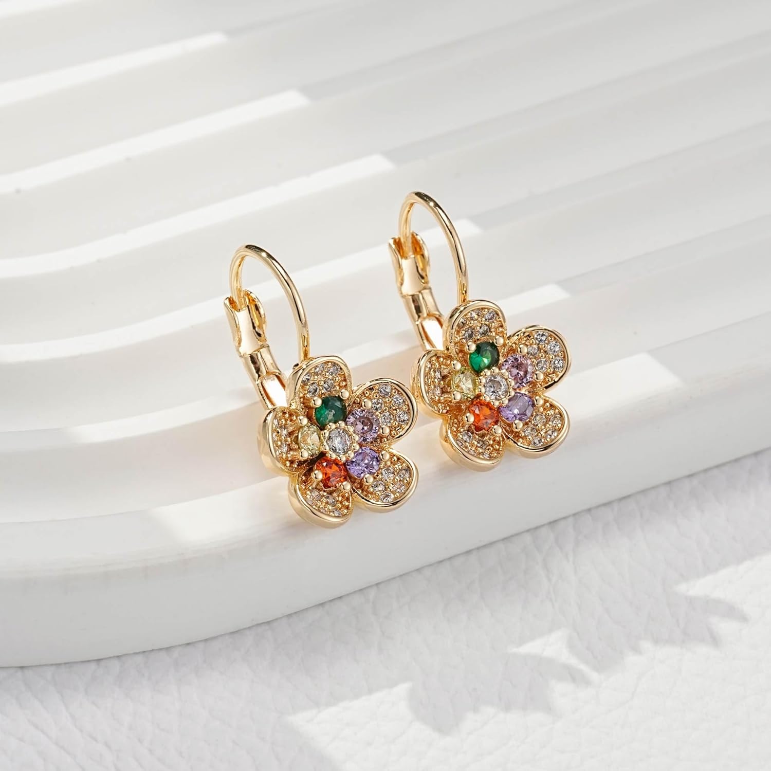 Austrian Crystal Flower Drop Leverback Earrings for Women 14K Gold Plated Hypoallergenic Jewelry - Image 5