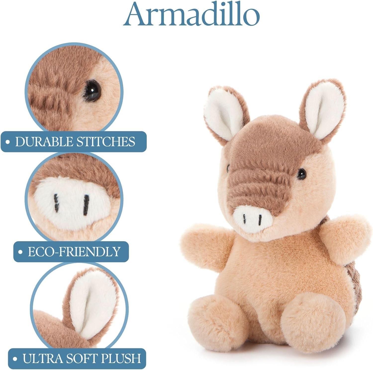 The Petting Zoo Armadillo Stuffed Animal Plushie, Gifts for Kids, Nuggetz Wildlife Animals, Brown Armadillo Plush Toy, 6 inches