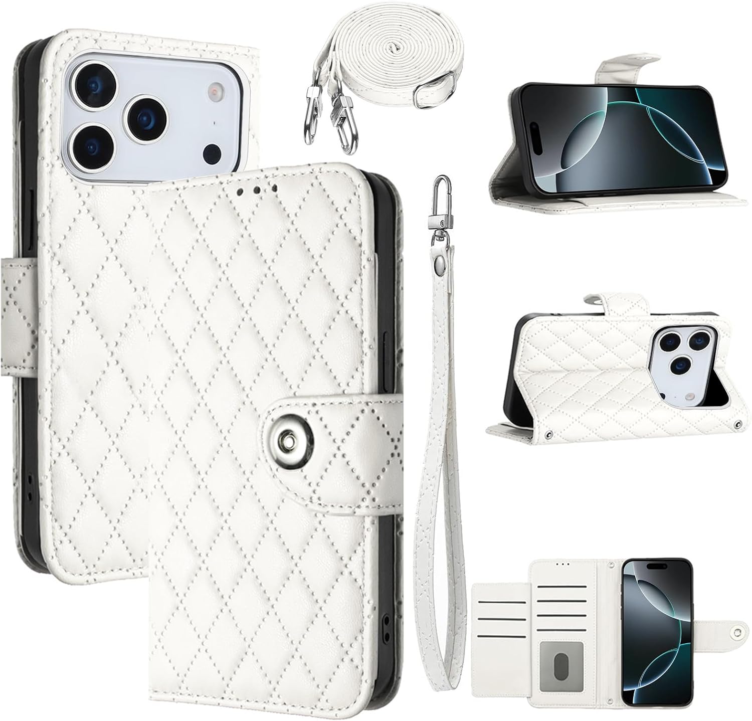 Wallet Case for iPhone 17 Pro Max 6.9 inch with Wrist Strap Shoulder Strap, Argyle Pattern PU Leather Flip Credit Cell Phone Cover for i Phone17 17Pro i17 ProMax 17ProMax Girls Women White