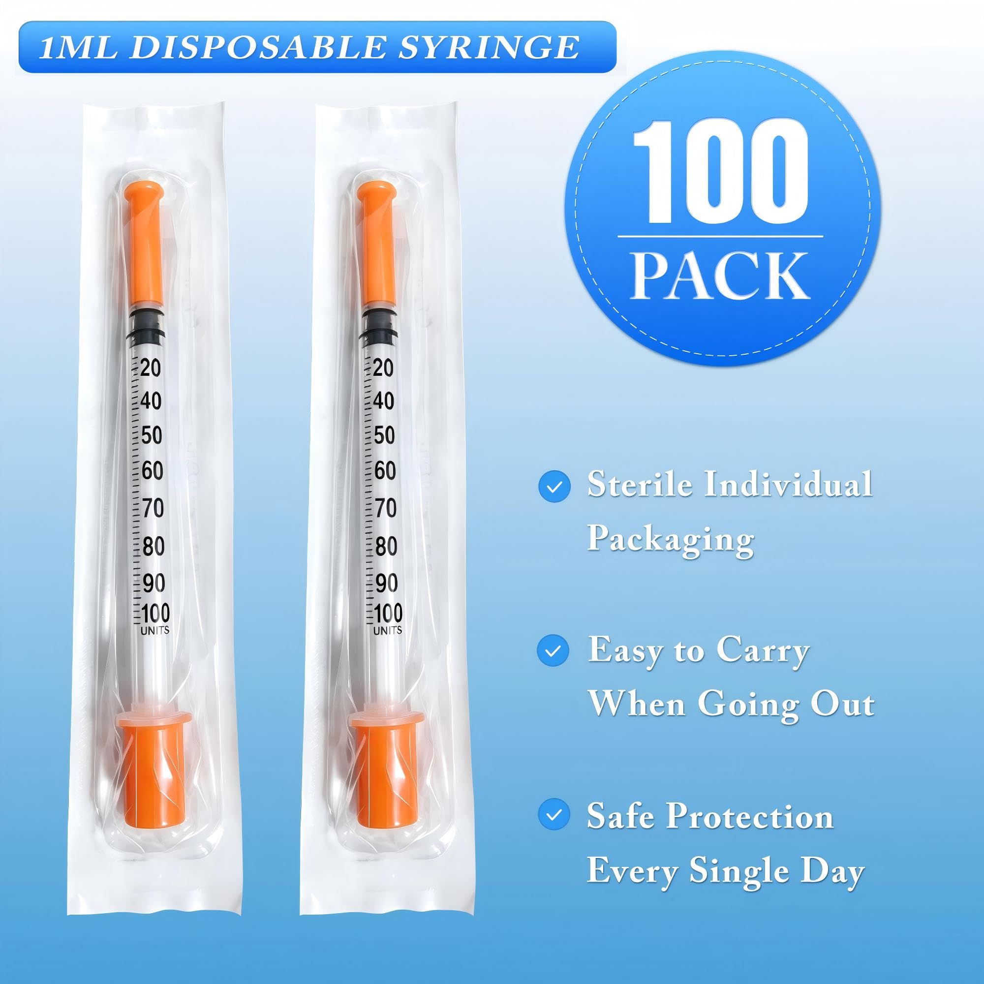 100pcak 1ml/cc Syringes 31G 5/16" (8mm) U-100 , Disposable Syringe, Lab Supplies, Individual Wrapped. — Amazon image 3