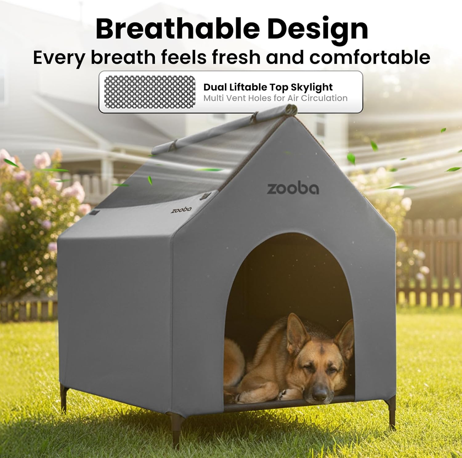 36" Large Dog House for Large Dog Indoor or Outside, Weatherproof 600D PVC Outdoor, Featuring Breathable 2x1 Textilene Elevated Dog Bed, Easy Clean (Grey)