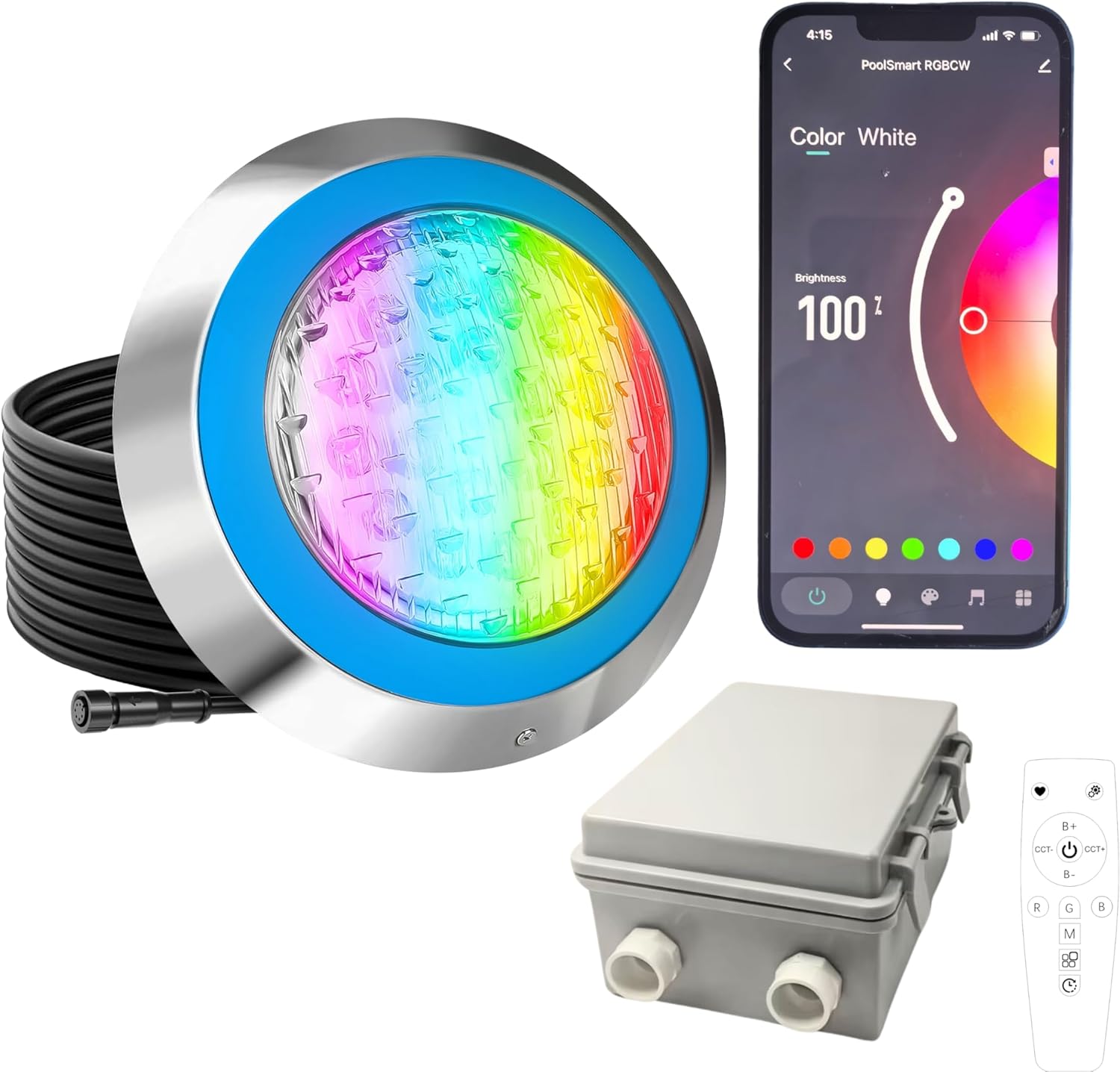 Smart Pool Lights for Inground Pool - Wall Mounted, Alexa & Google Compatible, Remote & App Control, White and Color Changing Pool Light with Control Kit(100ft Cord) (100ft Cord)