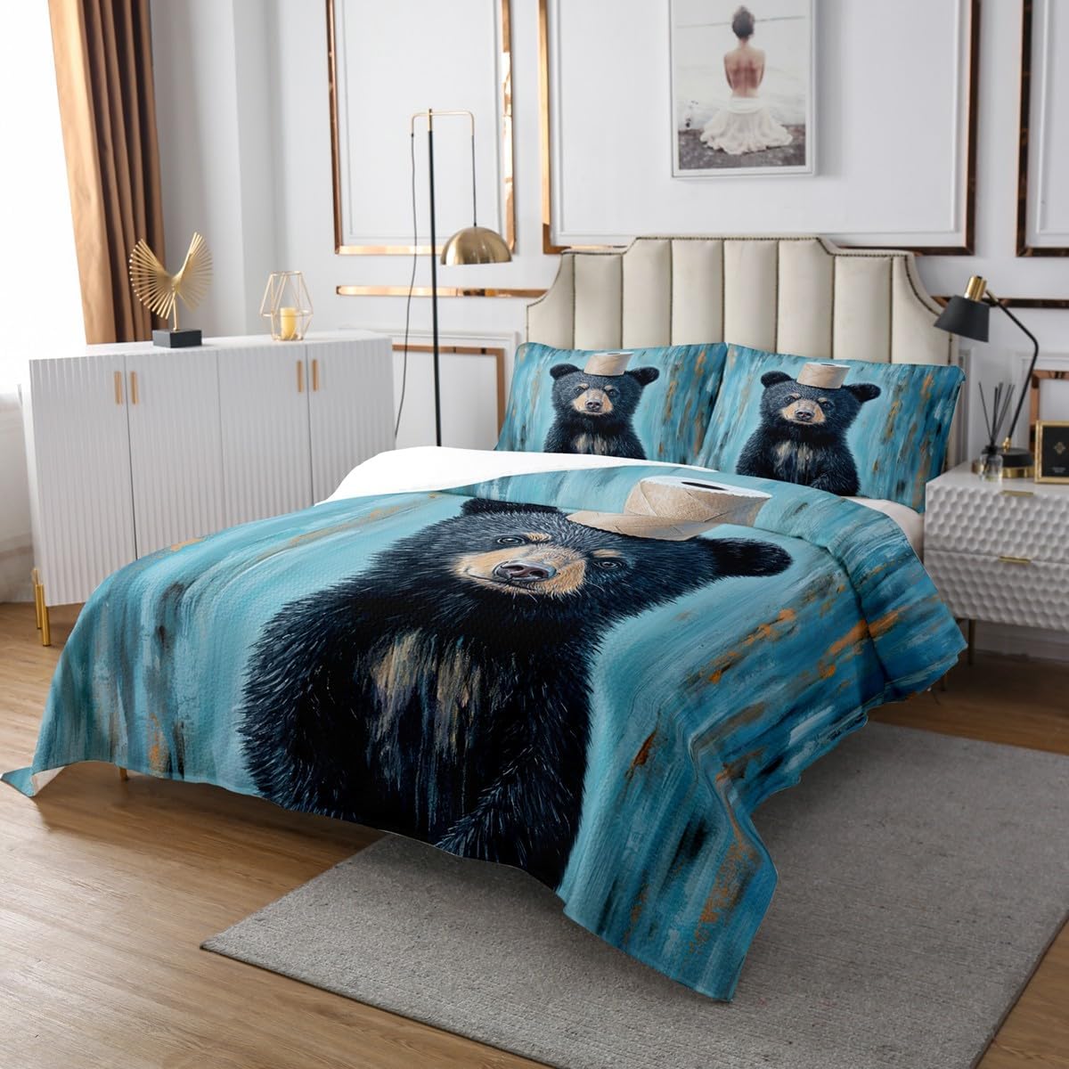 Erosebridal Rustic Bear Bedspread Set King Woodland Animals Coverlet Set for Kids Adult | Cabin Lodge Decor Daisy Wildflowers Cottagecore Bedding Set Nature Mountain Trees Hunting Theme Bed Set