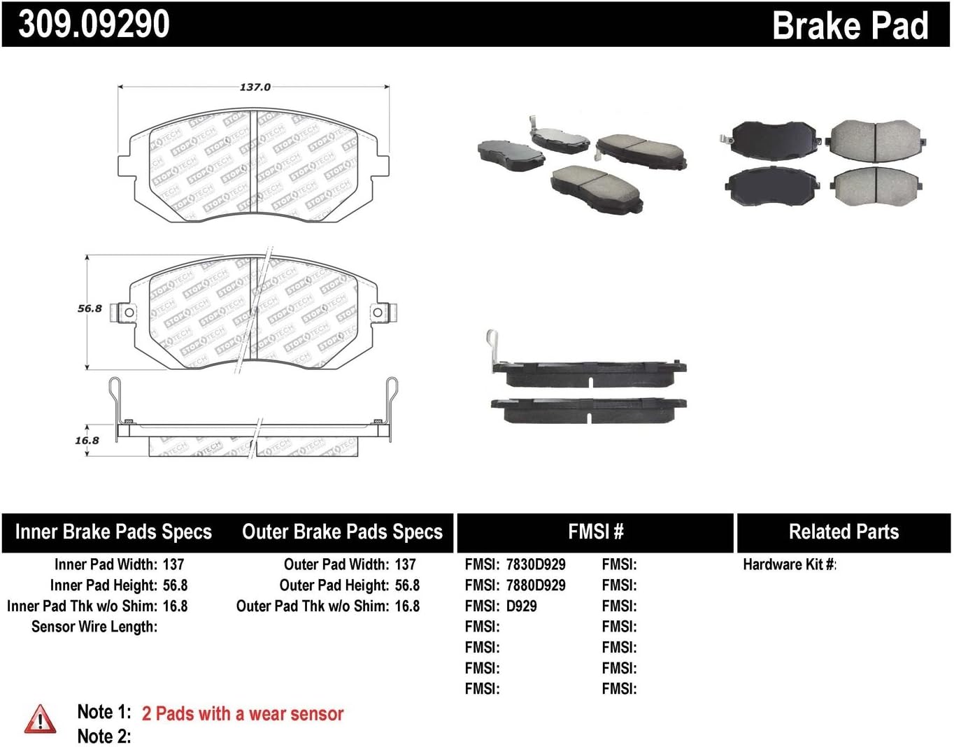 StopTech 309.09290 Sport Brake Pads with Shims and Hardware