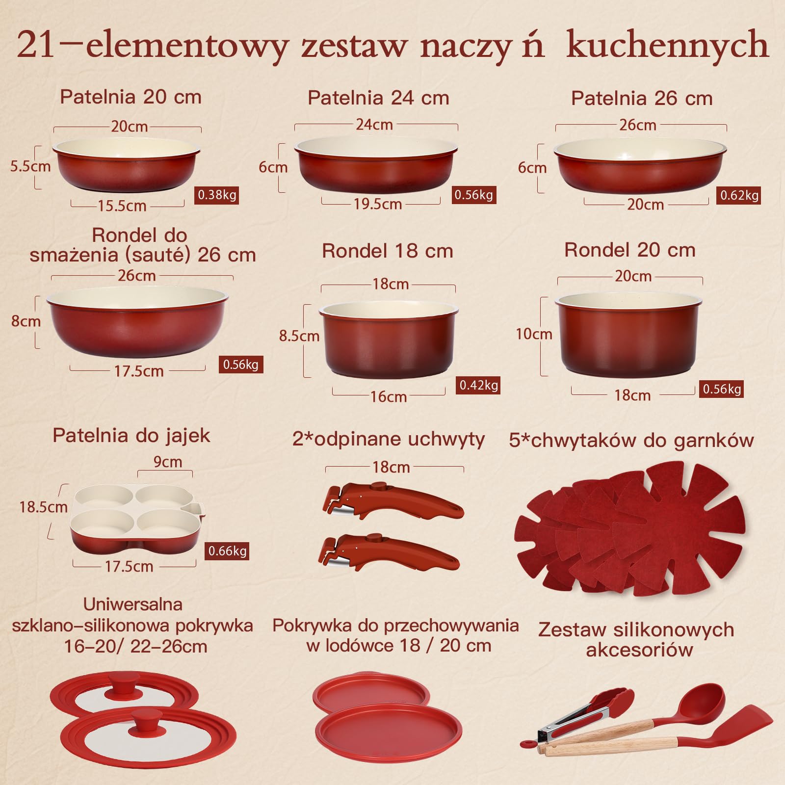GiPP Zestaw 21 Patelni z Powłoką Nieprzywierającą, z Odłączanymi Uchwytami | Nadaje się do kuchenek indukcyjnych, z aluminium, do zdrowego gotowania w kamperze, wolne od toksyn, można myć w zmywarce