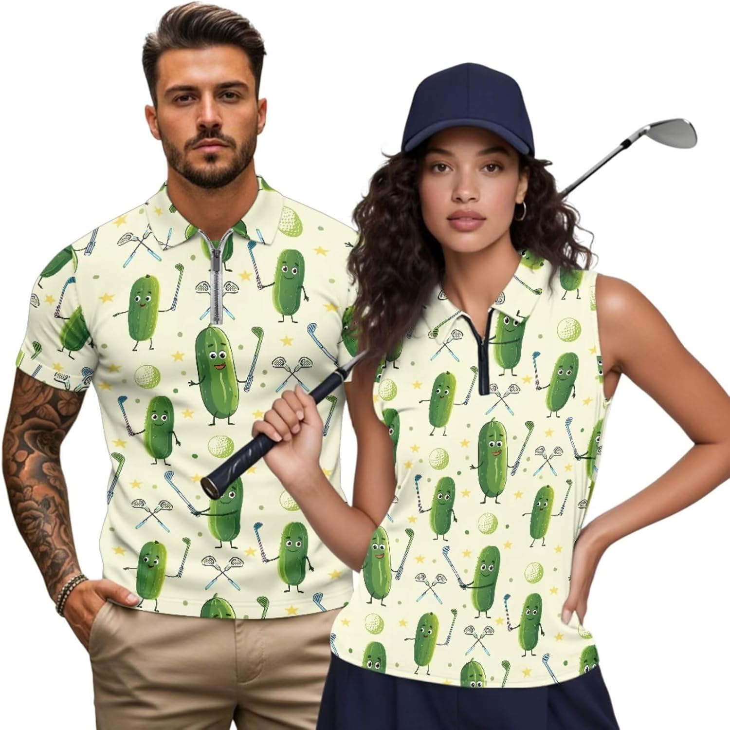 INSTANTARTS Couple Matching Outfit Mens Golf Shirts 1/4 Zip Up Quick-Dry Workout Tops and Sleeveless Golf Shirts for Women