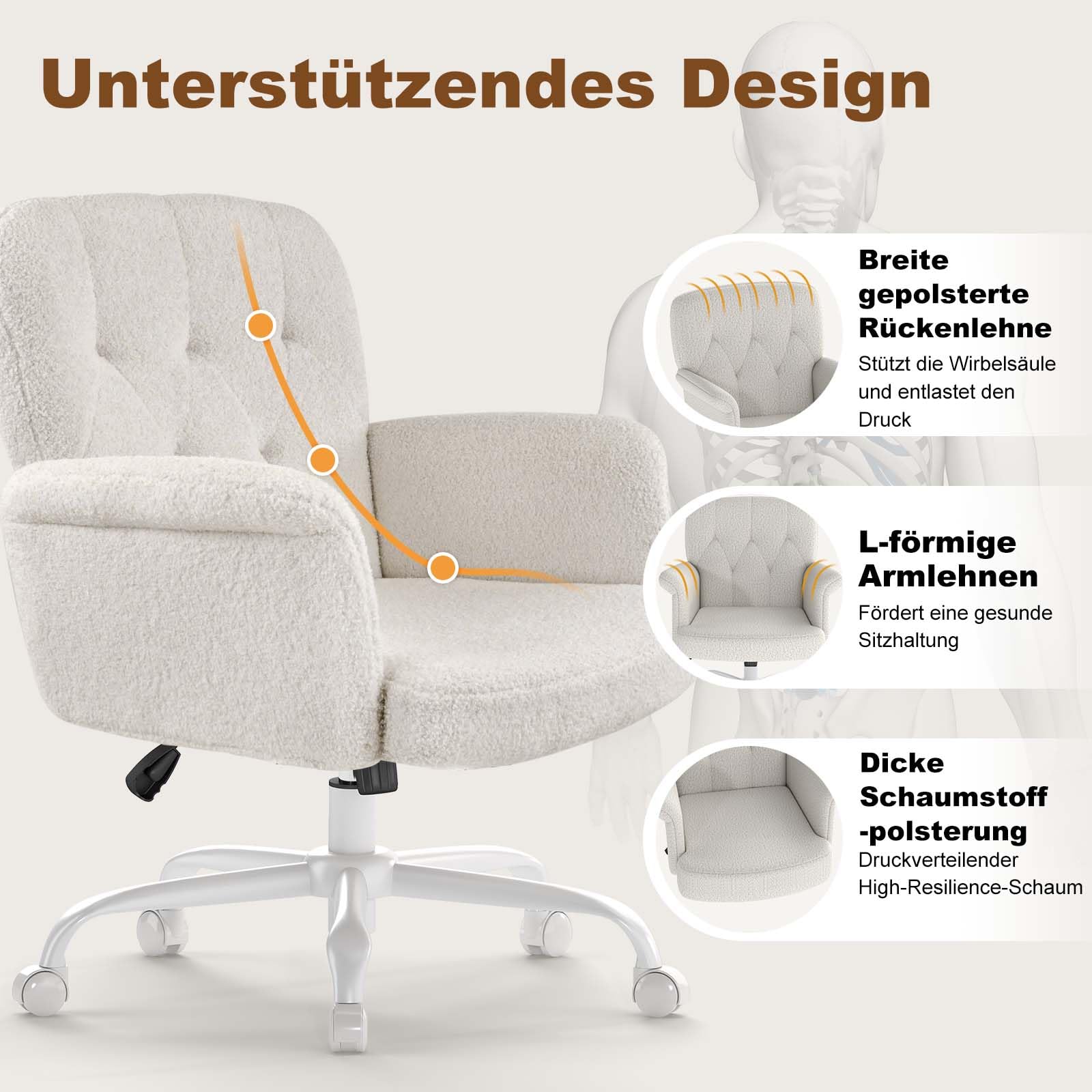Hausarbeitssessel, bequemer gepolsterter Schminkstuhl mit Rollen und Armlehnen, süßer Verstellbarer Drehstuhl aus Teddy-Velours für Wohnzimmer, Schlafzimmer, Make-up und Salon, Weiß