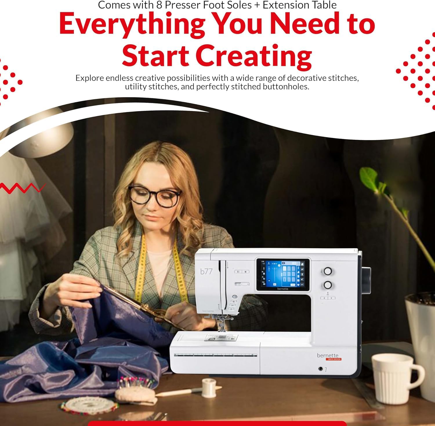 Amazon.com: Bernette B77 電腦縫紉機| 重型絎縫和刺繡套組附延長台壓腳線軸線軸針旋轉切割器LCD 顯示屏和200  美元的附贈套組: