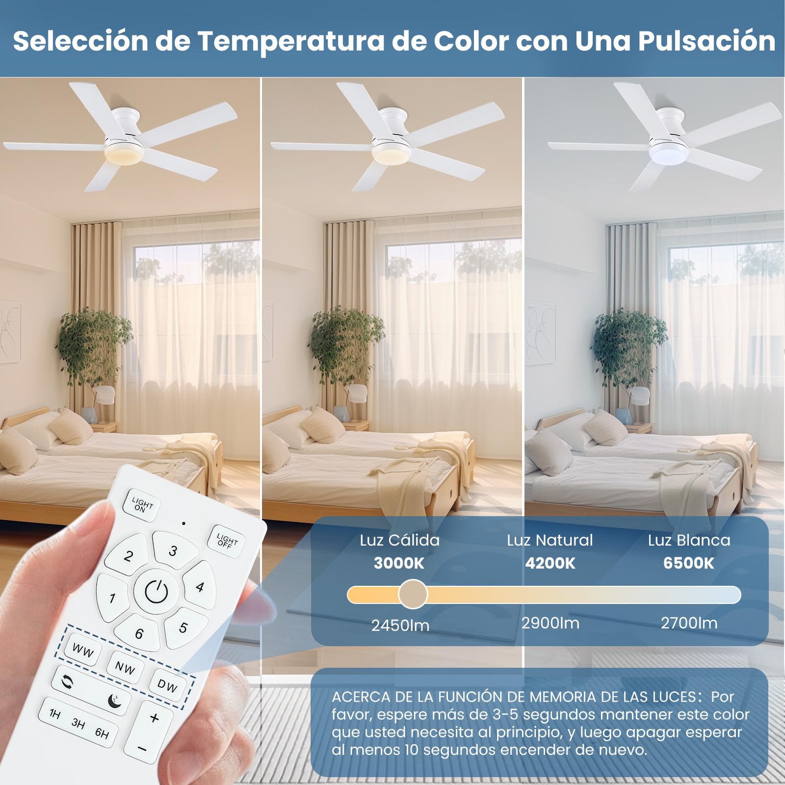 CJOY Ventilador de Techo 132CM, Ventilador de Techo Silencioso Blanco | Madera Ventiladores de Techo con Luz Regulable, 6 Velocidades, 5 Aspas Reversible DC, Para Dormitorio/Salon/Habitación