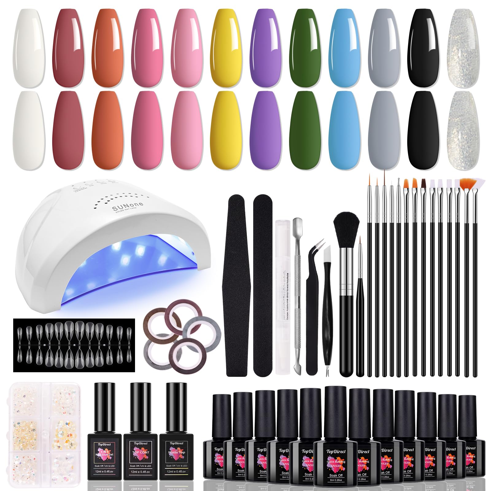 TopDirect Kit Uñas Semipermanentes, Set de Uñas 48W UV Lámpara con 12 Colores Esmaltes Semipermanentes de Uñas, Base Top Coat Brillante y Mate, Gel de Uñas 5 en 1, Uñas Acrilicas Manicura Regalos