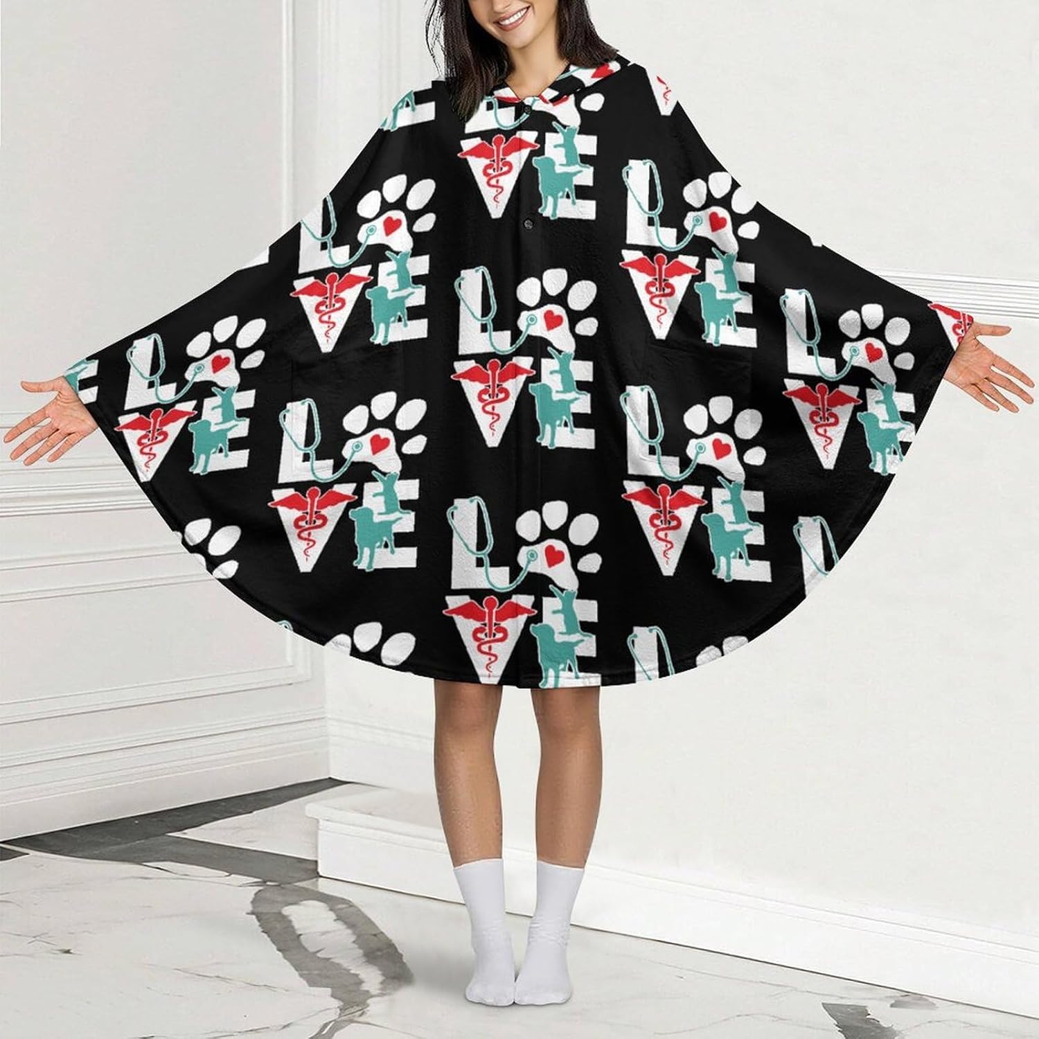 Veterinarian Love Cat And Dog Veterinary Wearable Blanket with Hooded Flannel Blankets Cape with Pocket