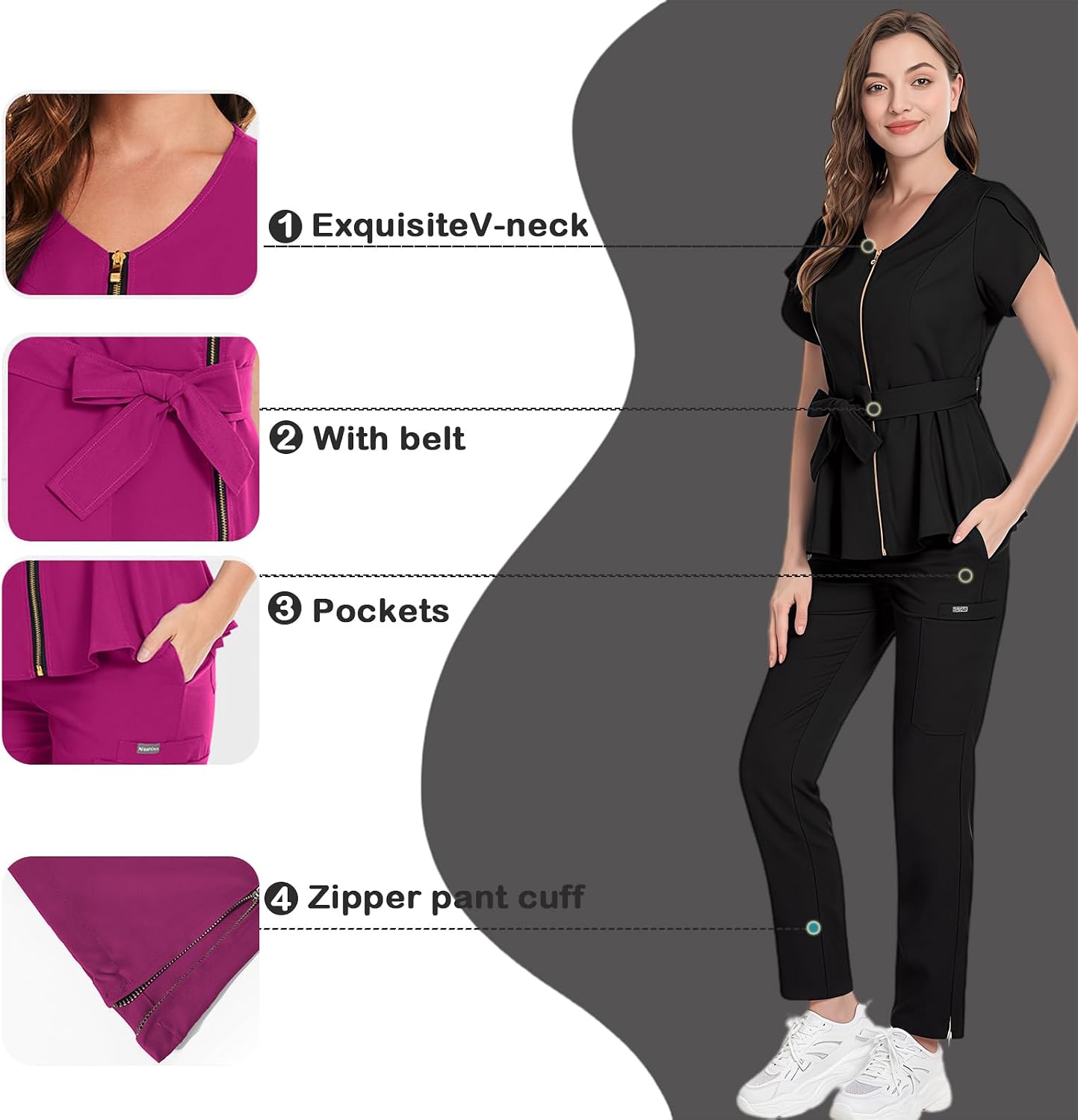 Women's Scrub Set V-Neck Top & & Pants with Zipper Drawstring Pants,Easy Care Uniforms