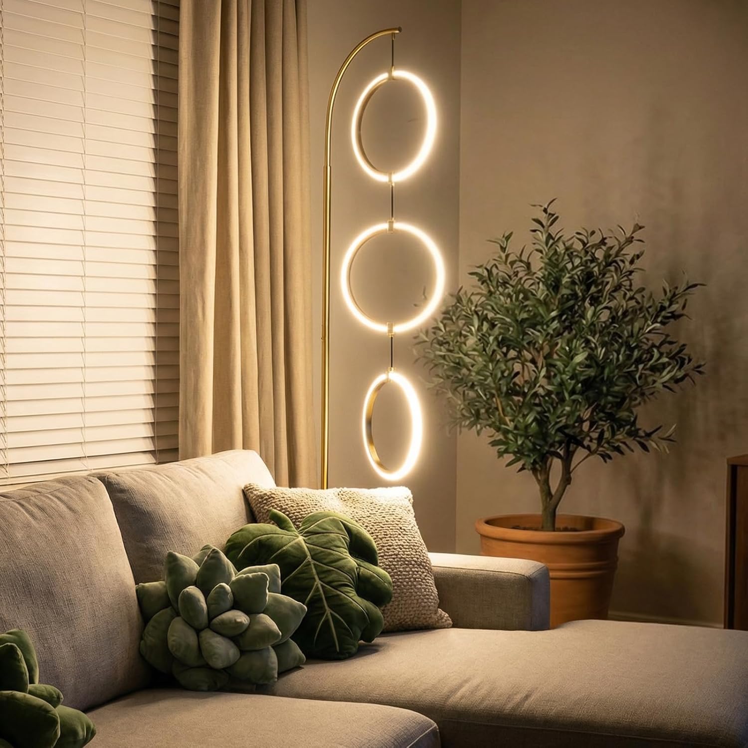 Gold 3-Light LED Floor Lamp, Modern Arc Floor Lamp for Living Room, Industrial Stepless Dimmable & 3-Way Dimmable Tall Arch Standing Floor Lamp for Reading, Bedroom, Office, Antique Brass