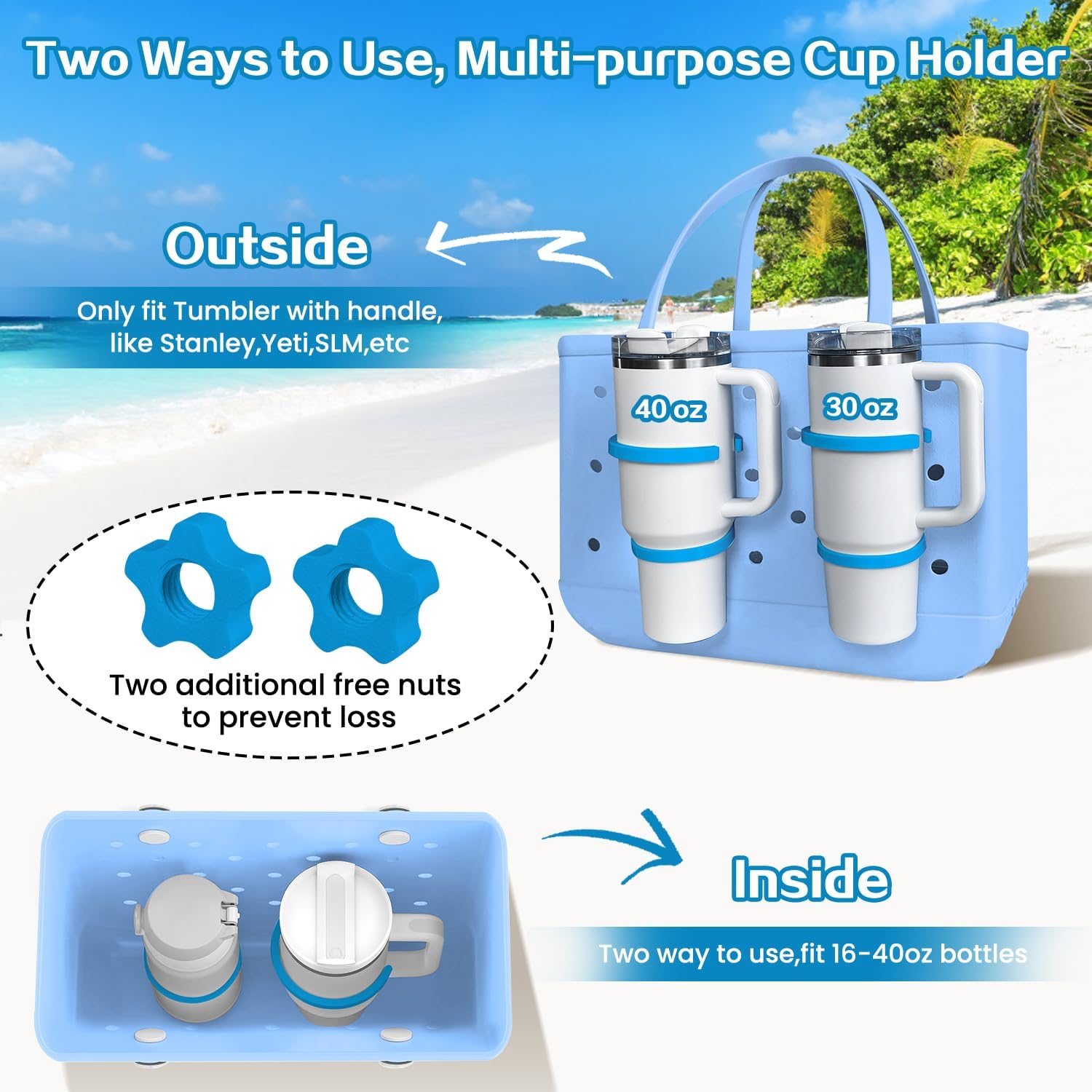 XYFuuee Cup Holder for Stanley 30 40 oz& Topper Tray for Bogg Bag XL, Must Have Beach Rubber Tote Bag Accessories, Instant Table, Free Your Hand