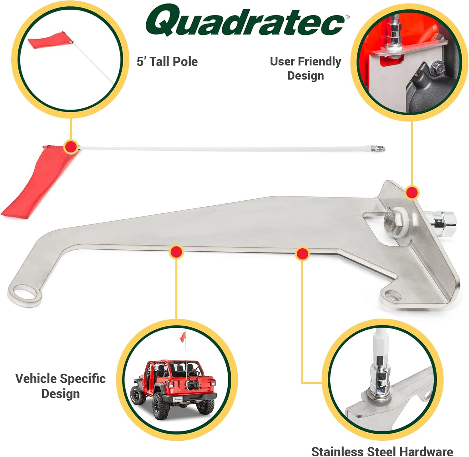 Quadratec 5-Foot Red Trail Safety Flag, Mount and Pole Kit - Fits Jeep Wrangler JL & JLU 2018-Current - Spare Tire Mount Trail Flag - Includes Flag, Fiberglass Pole, Bracket, Mounting Stud & Hardware