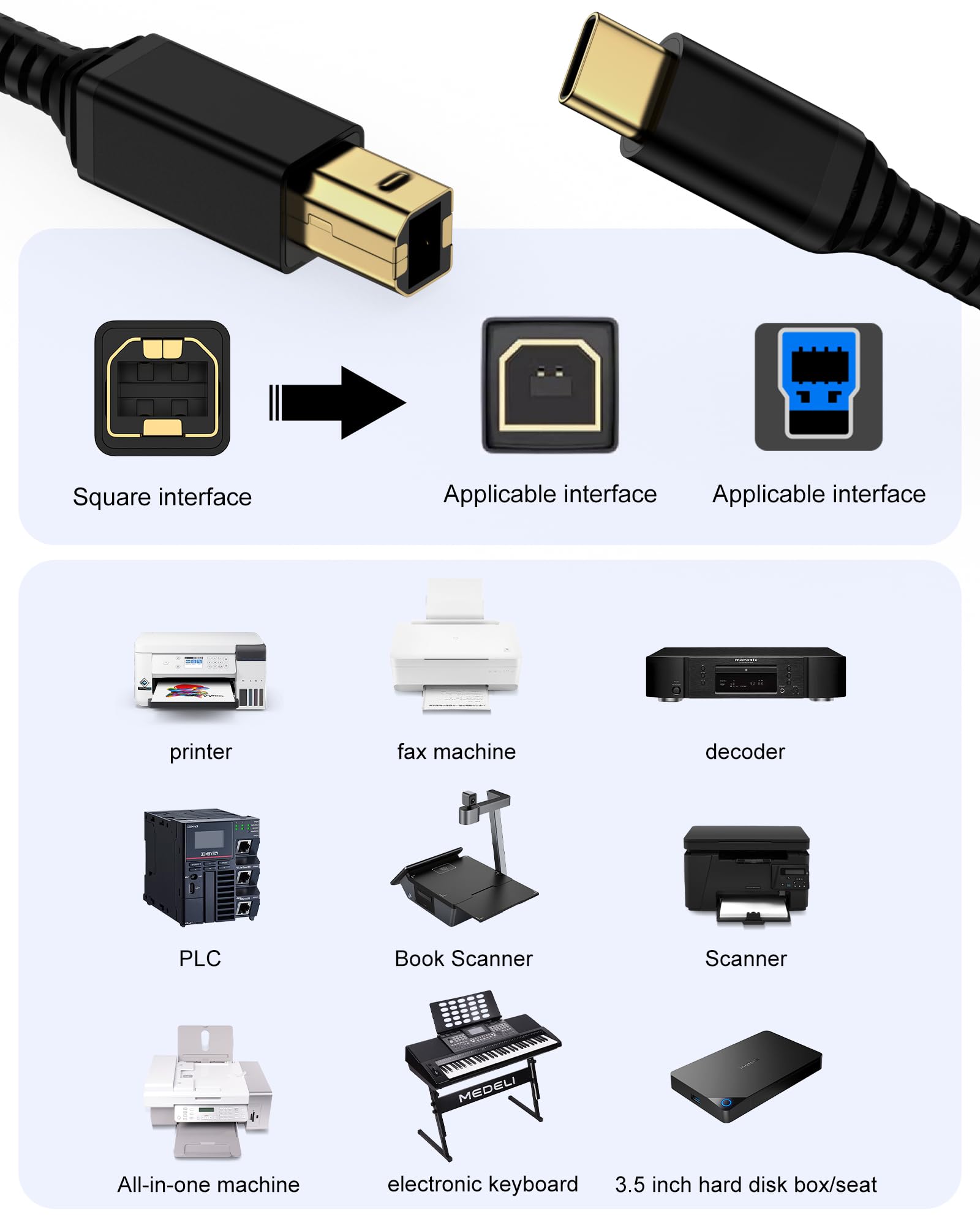 Cavo USB C per stampante, 1,8 m, USB tipo B 2.0 a tipo C, per scanner e stampante MacBook Pro/Air, iPad, computer portatili, MIDI a USBC, per HP Epson, Canon, Brother, tastiera digitale pianoforte