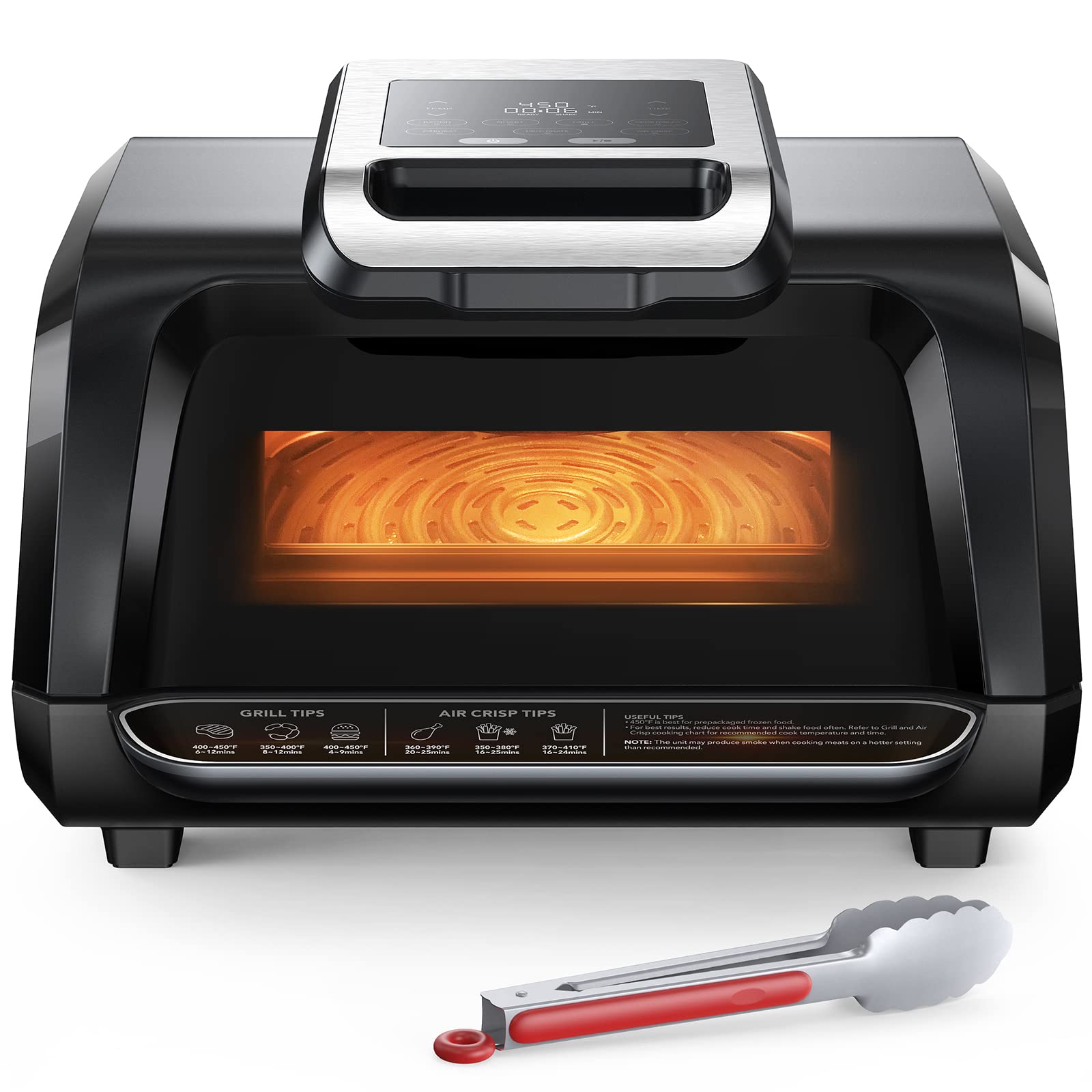 Electric Air Grill Fryer 7-in-1 Indoor Smokeless,up to 450°F, 1750W Contact Grill with Non-Stick Removable Plates, Even Heat, Flat Top Griddle See-Through Window Perfect for Healthy Grilling, 4Qt