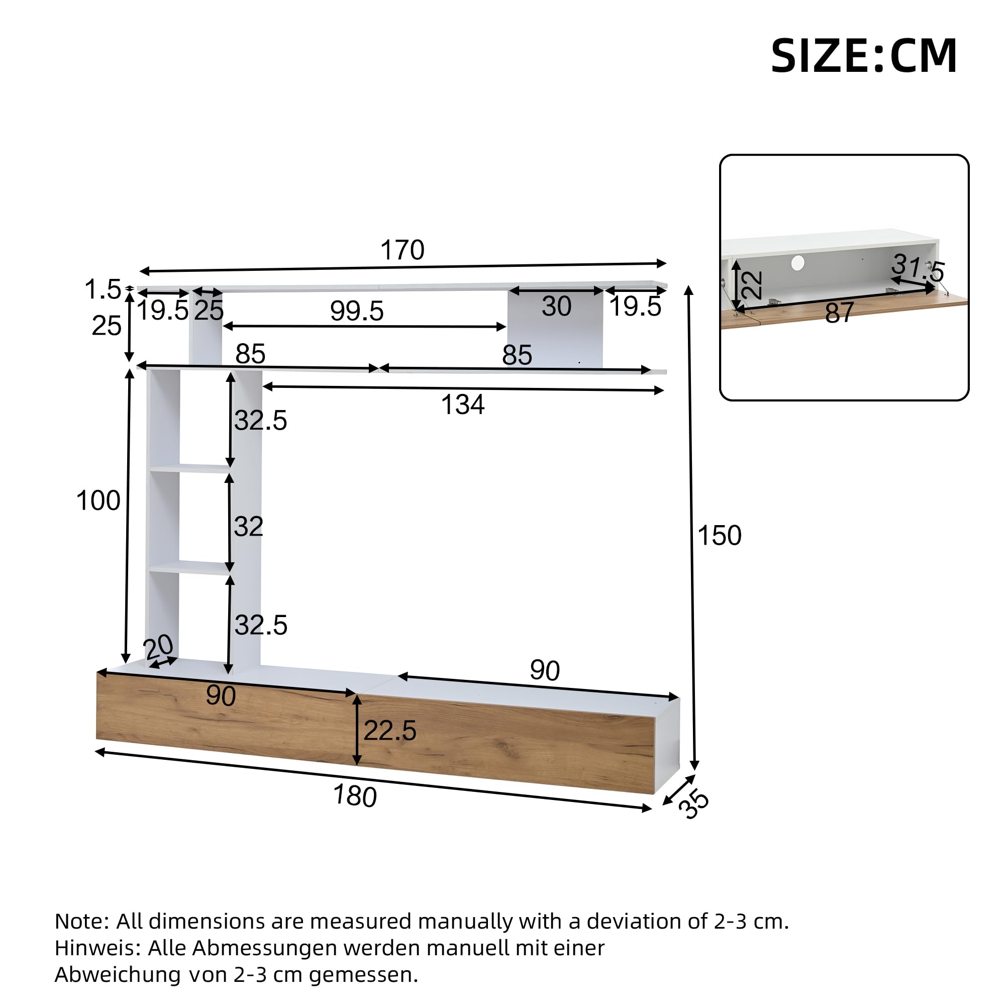 Set da parete per TV, 180 x 35 x 22,5 cm, con vetrina, supporto e mensola, TV fino a 80", bianco + legno