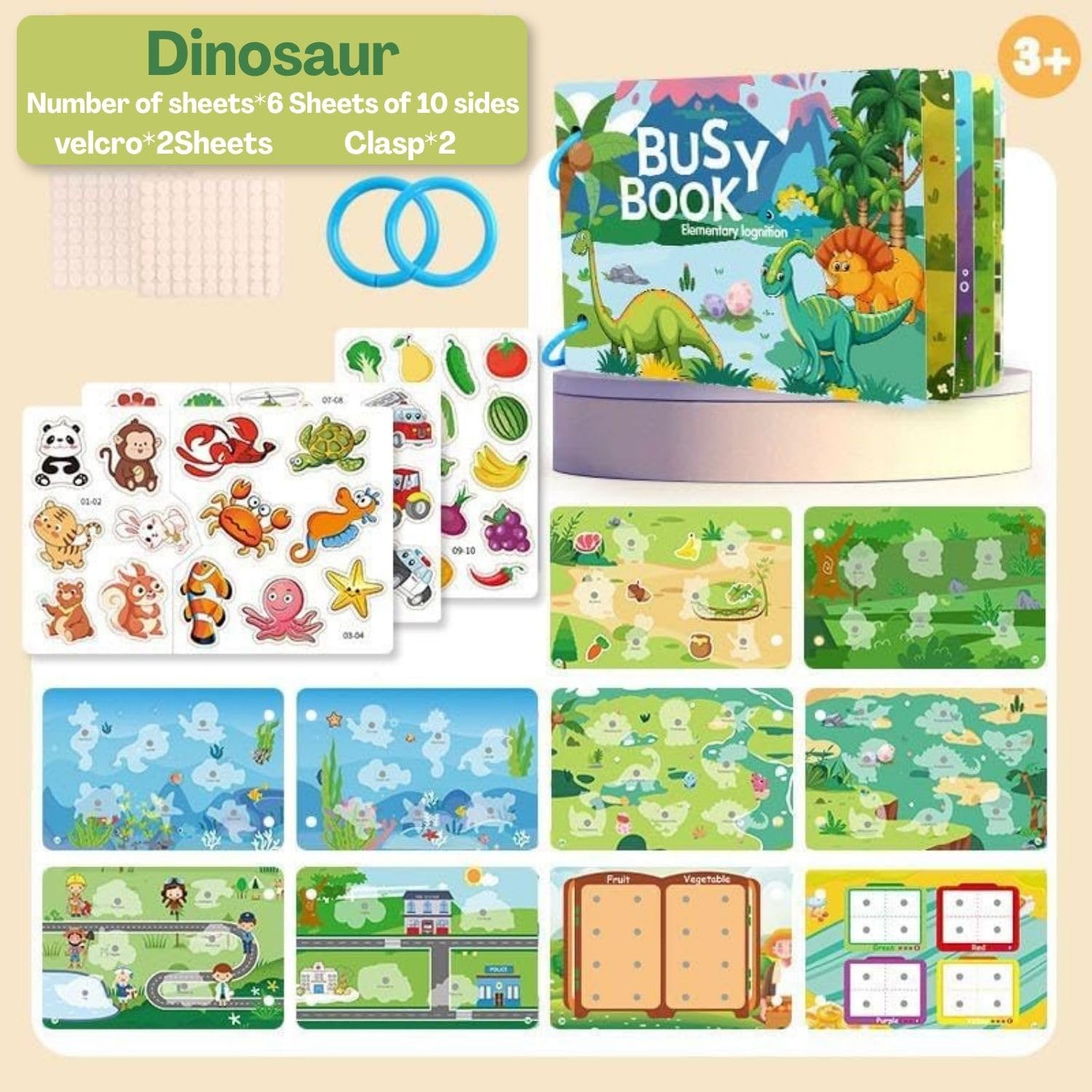 BendJoy® Dinosaur Busy Binder Book for Toddlers 1-3 | Interactive Learning Busy Book, Mess-Free Quiet Play Mess-Free & Reusable | Montessori & Cognitive Skills | Portable Travel Toy 1