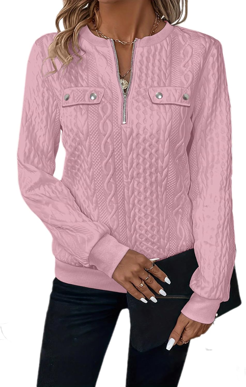 Womens Sweatshirts Casual Crew Neck Long Sleeve Quarter 1/4 Zip Quilted Pullover Lightweight Textured Solid Fall Tops