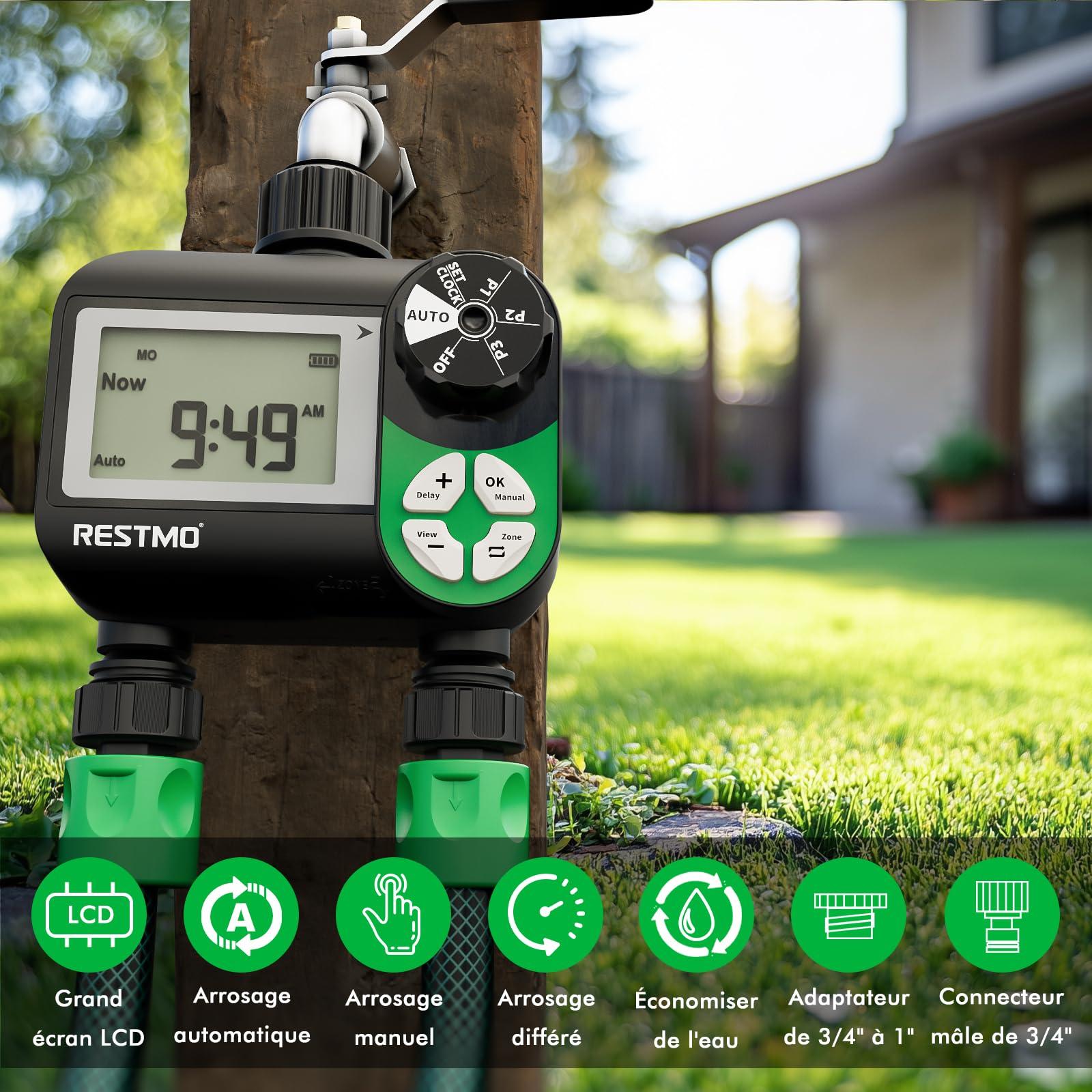 Restmo Programmateur arrosage Minuteur d'arrosage programmable sur 7 Jours | 3 programmes séparés, contrôle automatique/manuel/retard de pluie pour irrigation goutte à goutte 2 zones