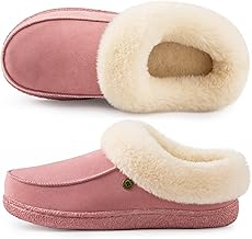 HomeTop Women's Moccasin Slip-on Slippers Soft Microsuede Clog Comfy Non-slip Memory Foam Indoor Outdoor House Shoes with Fuzzy Collar