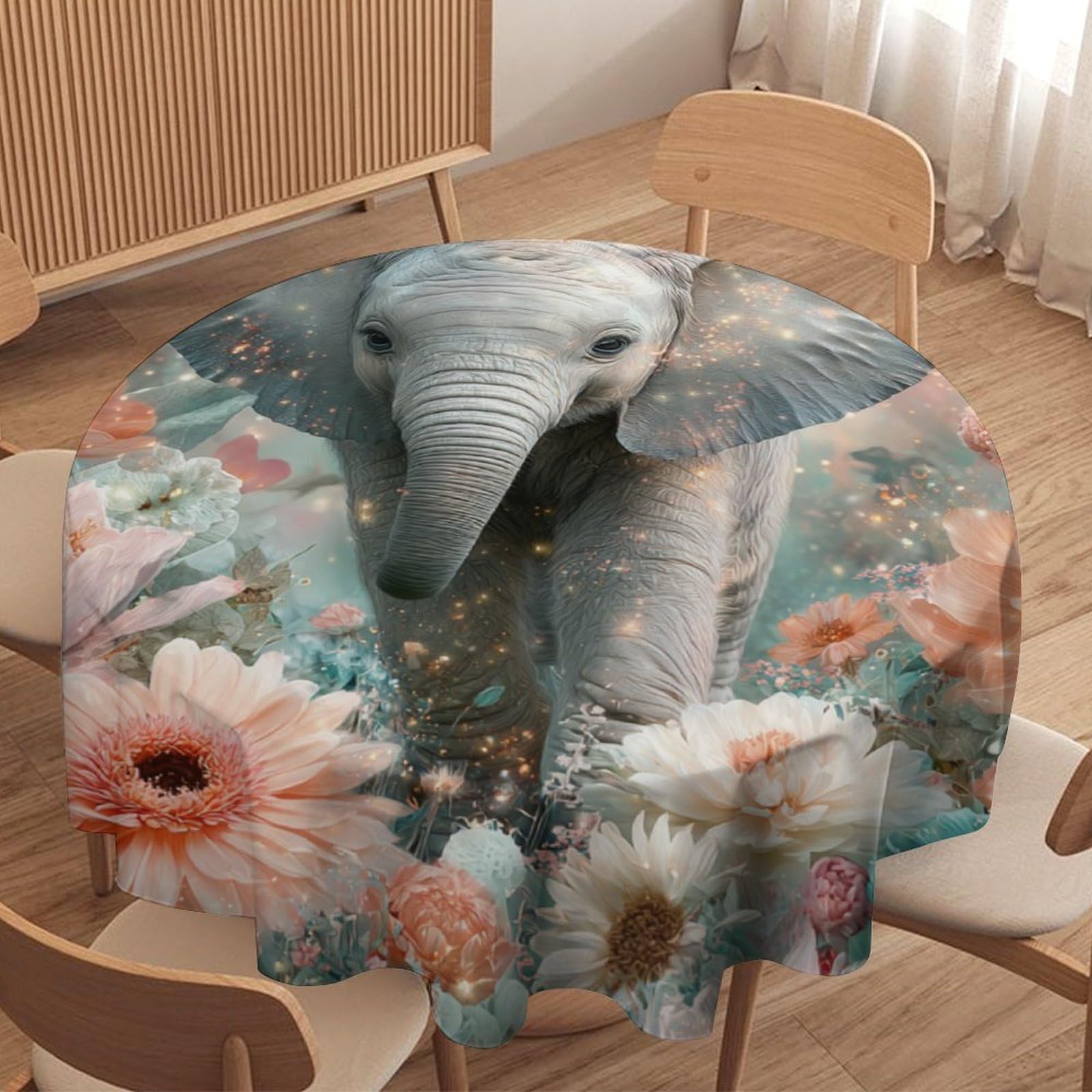 LUYYSKY Cute Colorful Baby Elephant Round Tablecloth Beautiful Classic Garden African Animal Elephant Flowers Washable Decor for Table Cover for Kitchen-127 Wx127 L cm
