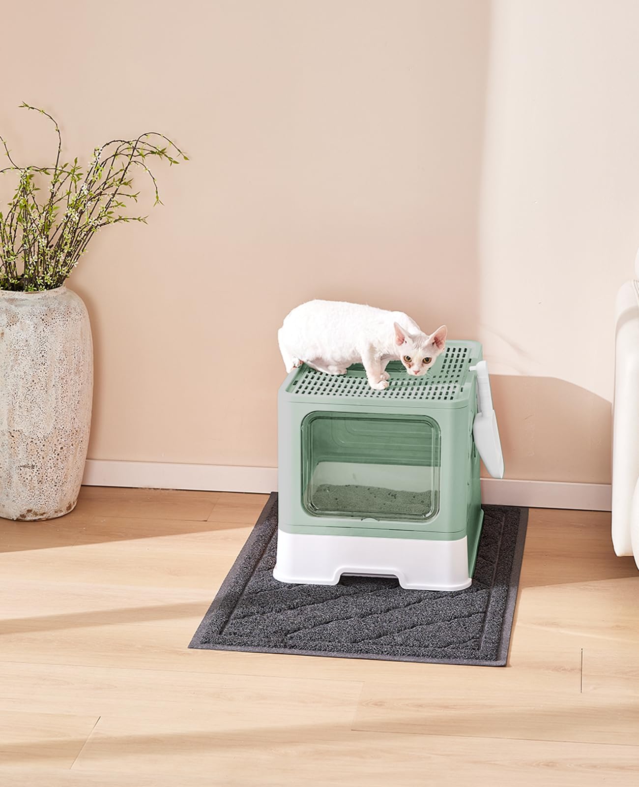 Medario Caja de Arena para Gatos con Alfombrilla de Arena para Gatos XL y Cuchara, Caja de Arena Plegable Grande con Tapa, Caja de Arena para Gatitos de Entrada Superior, Control de olores, fácil de