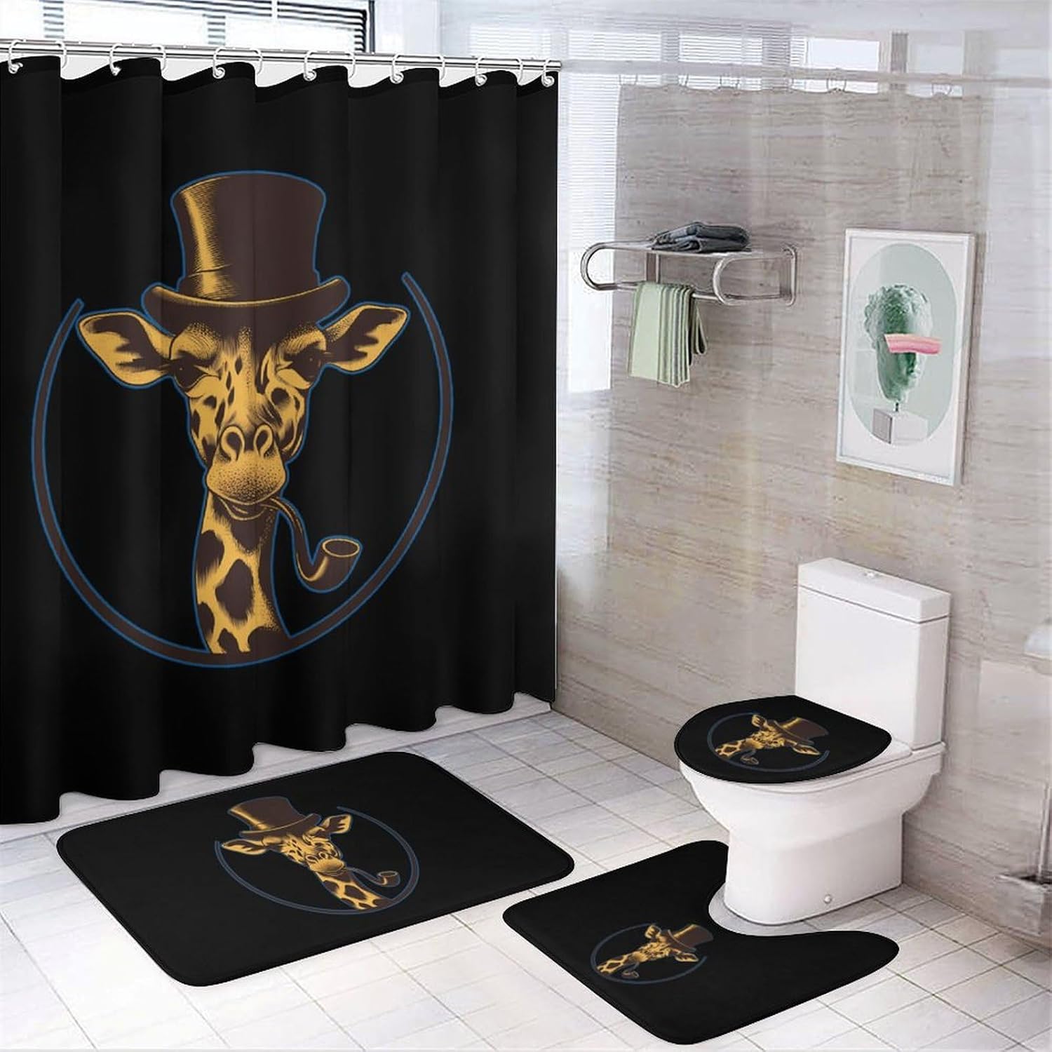 Bowler Hat Giraffe Modern Bathroom Sets with Shower Curtain and Rugs Decor 4 Pcs with 12 Hooks