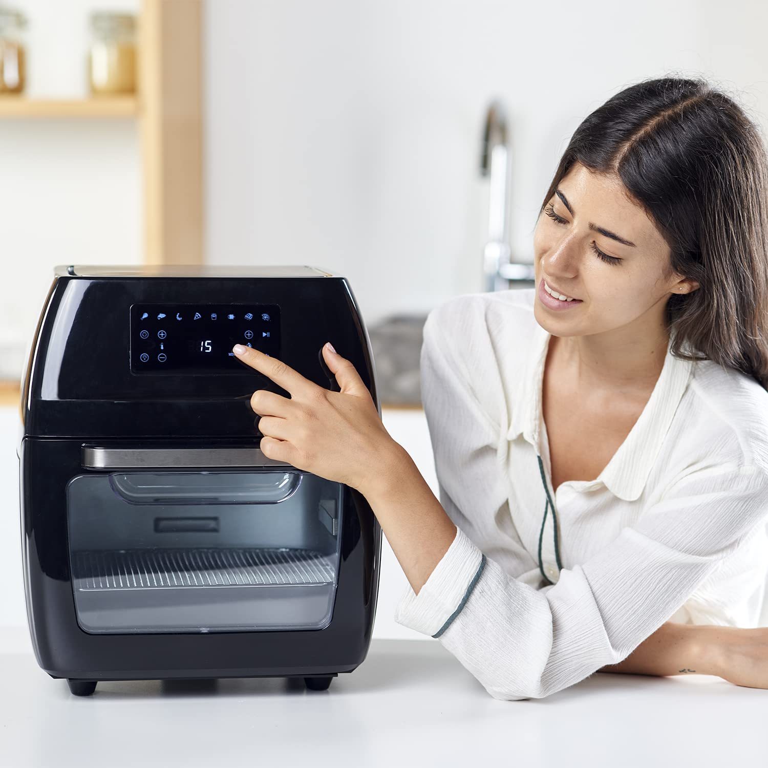 Black+Decker BXAFO1200E, Freidora de aire y horno, 1700W, 12L, temperatura regulable 40º-200ºC, 8 programas predefinidos, puerta transparente, apto lavavajillas, múltiples