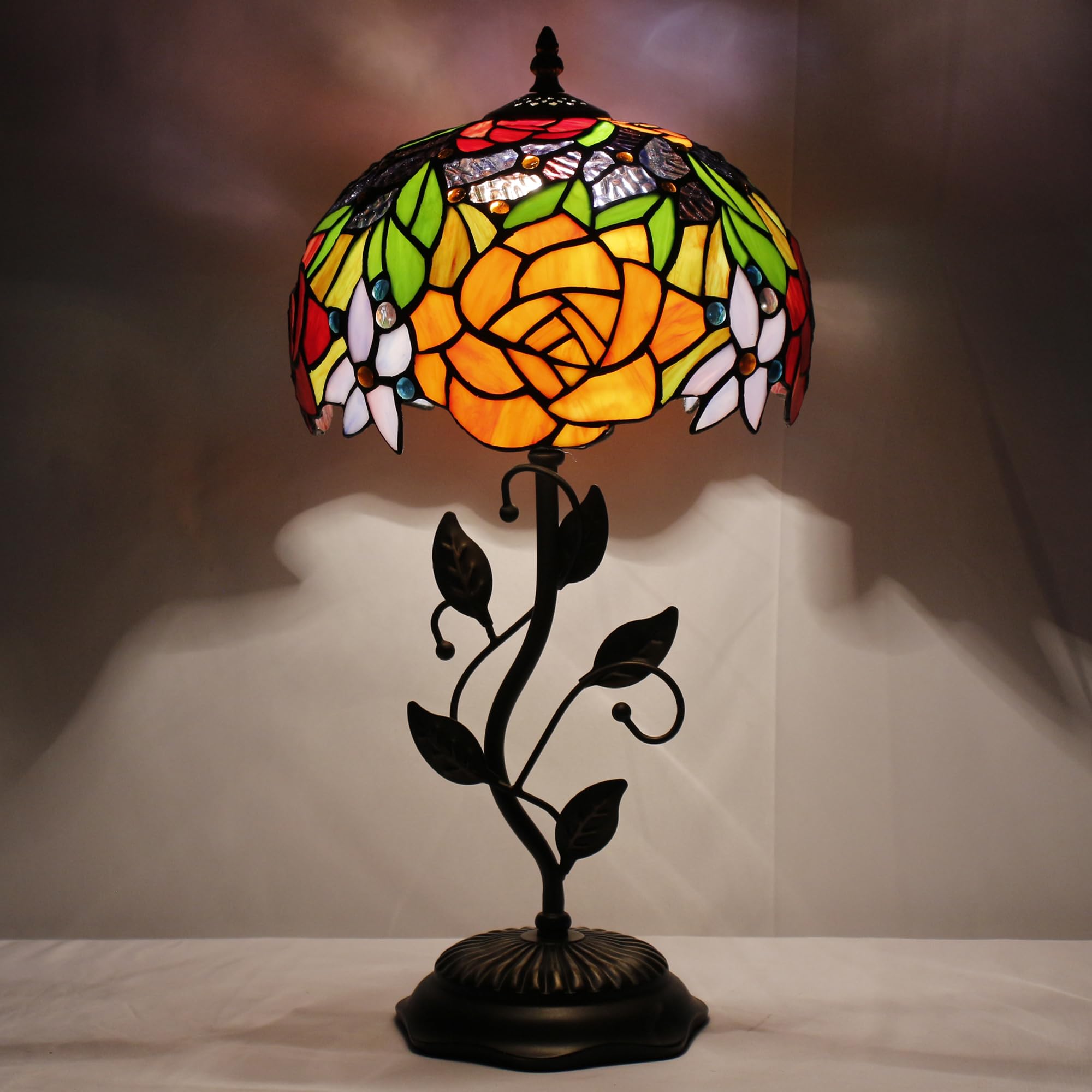 ZJART Tiffany Lamp Stained Glass 12X12X19 Inches Table Lamp Red Rose Style — image 1