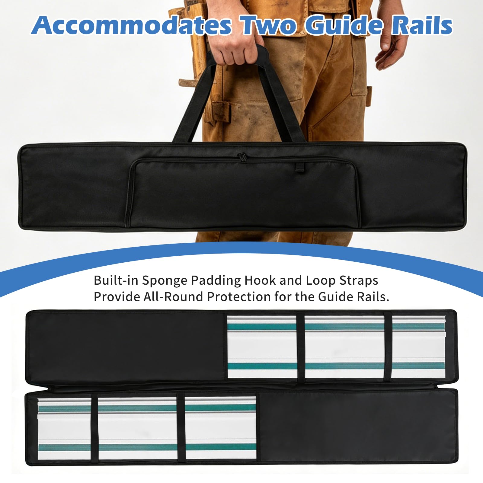 Sac professionnel pour rails de guidage, 155 cm, sac de rail de guidage pour jusqu'à 2 rails, sac à outils Oxford 1680D, compatible avec Bosch, Makita et Festool