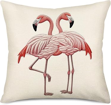 Throw Pillow Covers Embroidery-Like Style Cotton Linen Square Flamingo Throw Pillow Case Home Sofa Decorative Cushion Covers 18 x 18 Inches ELF-1