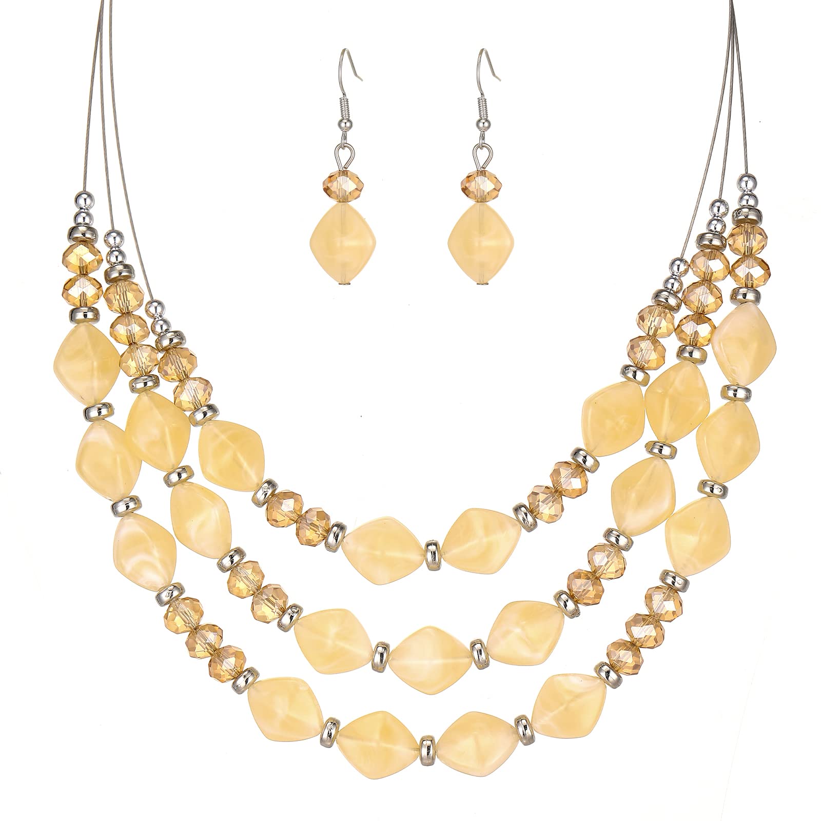 3 Layered Chunky Statement Necklace for Women Beaded Strand Necklaces with Earring Fashion Costumes Collar Necklace Jewelry Sets Gifts for Women