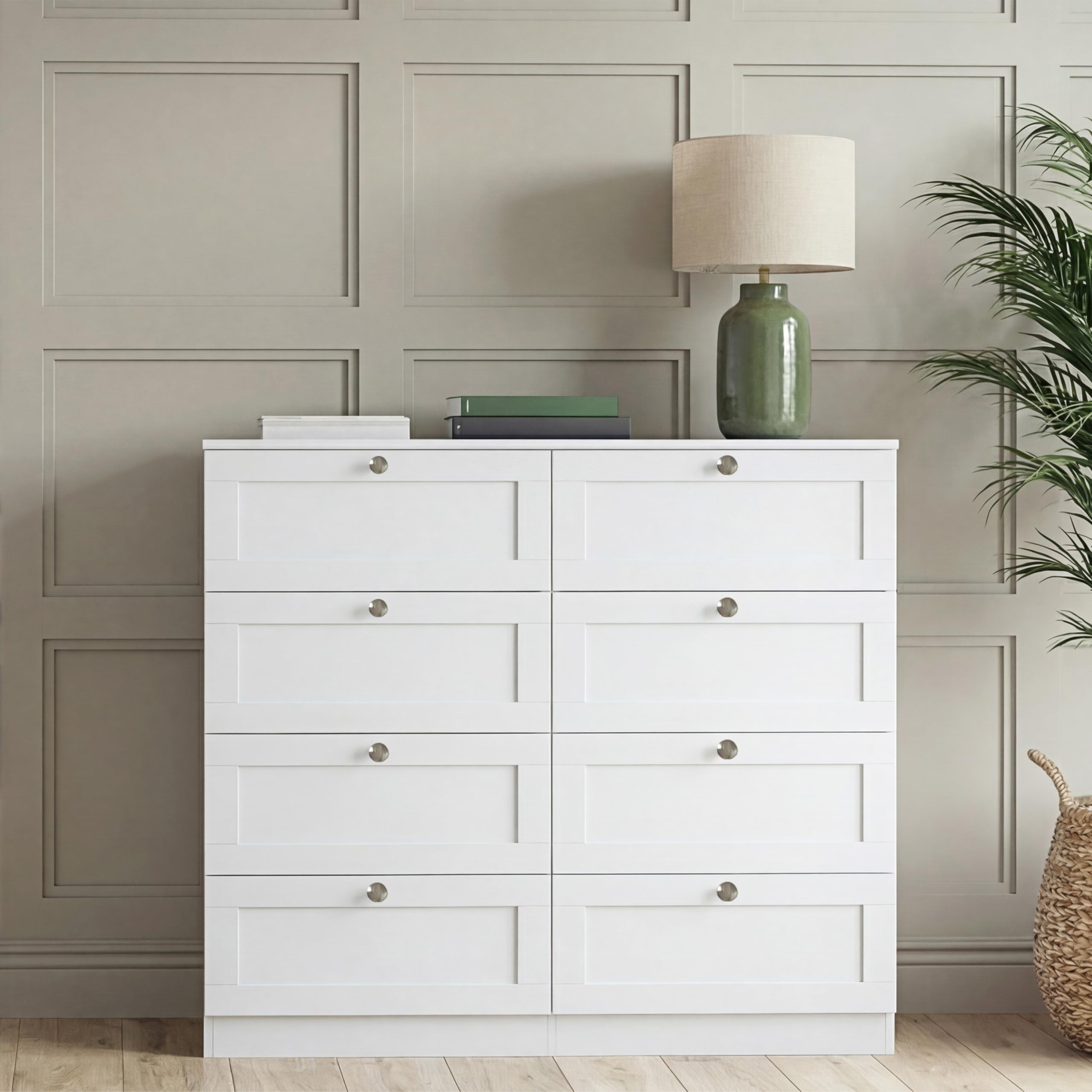 Vida Designs Altino 8 Drawer Chest of Drawers | White | H 99 x W 100 x D 36 cm | Wide Bedroom Storage Unit | Easy Assembly | Clothes Storage Cabinet | Modern Shaker Style Hallway or Guest Room — view 3